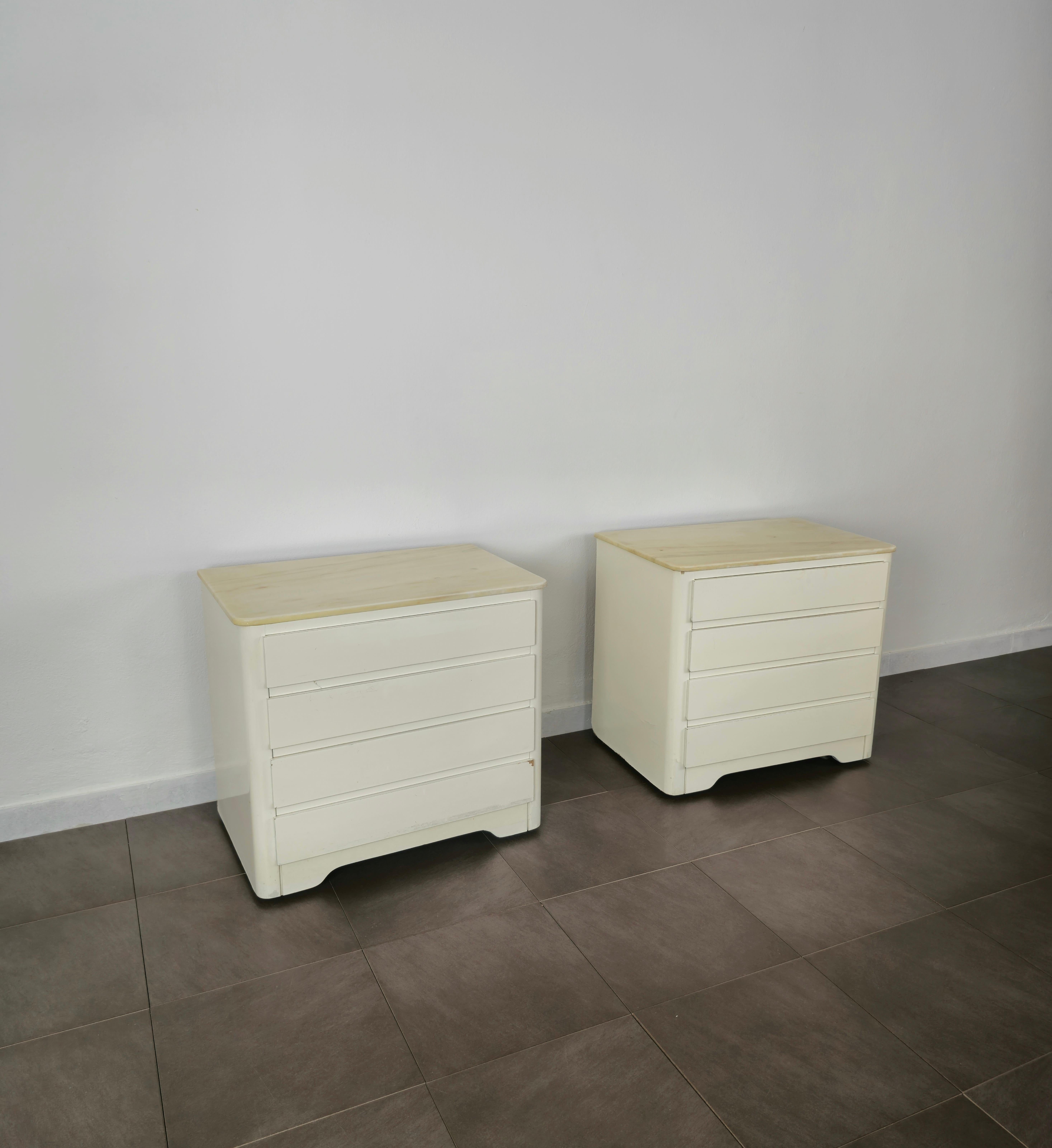 Night Stands Enamelled Wood Marble Midcentury Italian Design 1970s Set of 2 For Sale 2