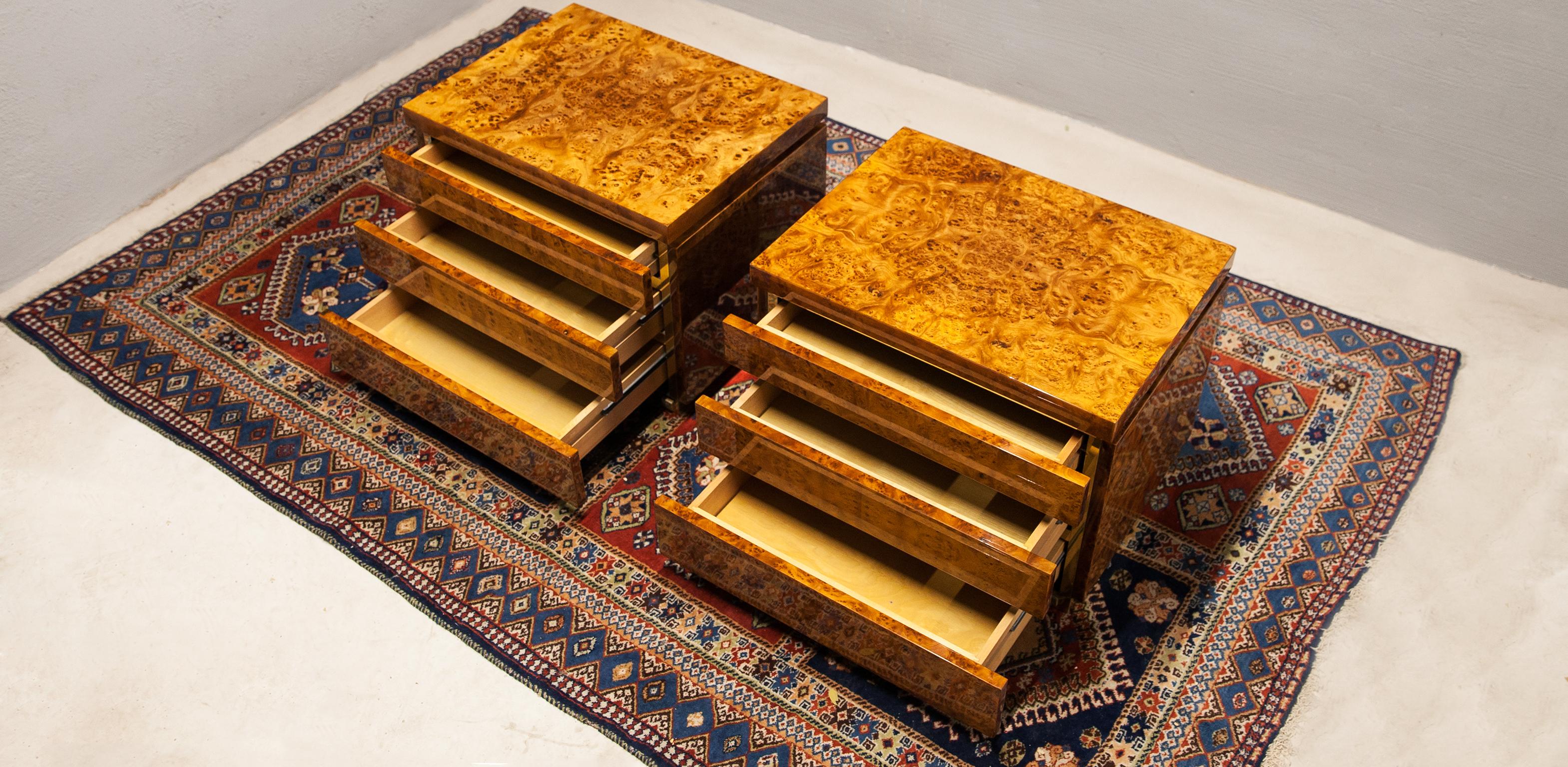Elegant side tables or night stands by Jean Claude Mahey in burr poplar Wood and brass details from the 70s. Each consisting of 3 drawers and beautifully framed by the brass strips which highlight the aspect of the wood through the brass angles.