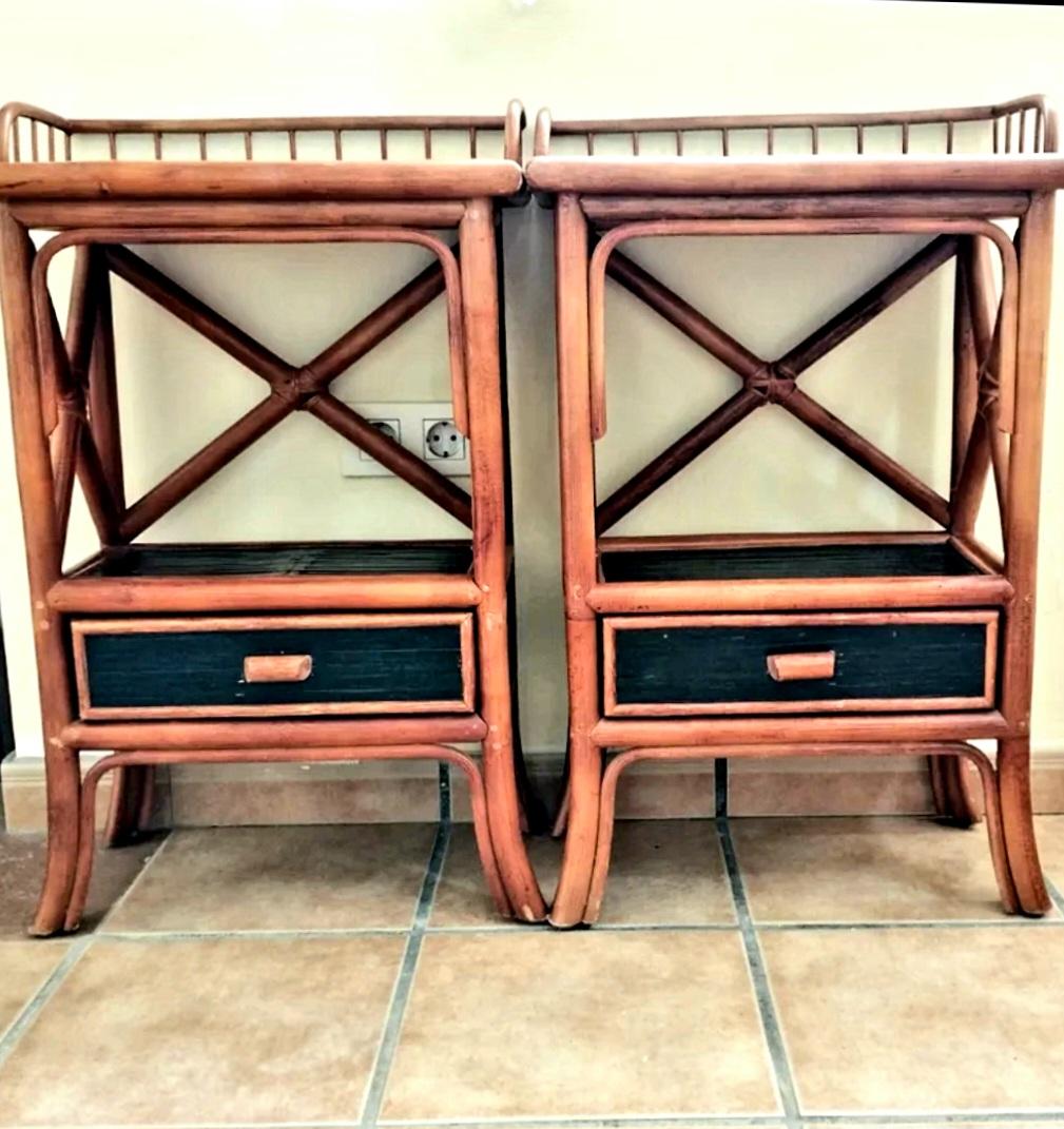 Pair of Bamboo  80cm High Tables  Night Stands   Very Tall  One Drawer, 1950/70s In Good Condition For Sale In Mombuey, Zamora