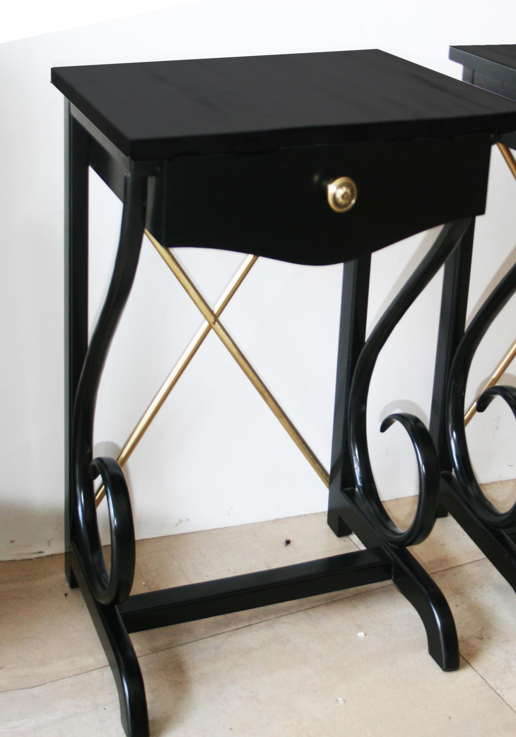Night Tables Thonet Style Black Bentwood and Brass, One Drawer, 1970s 7