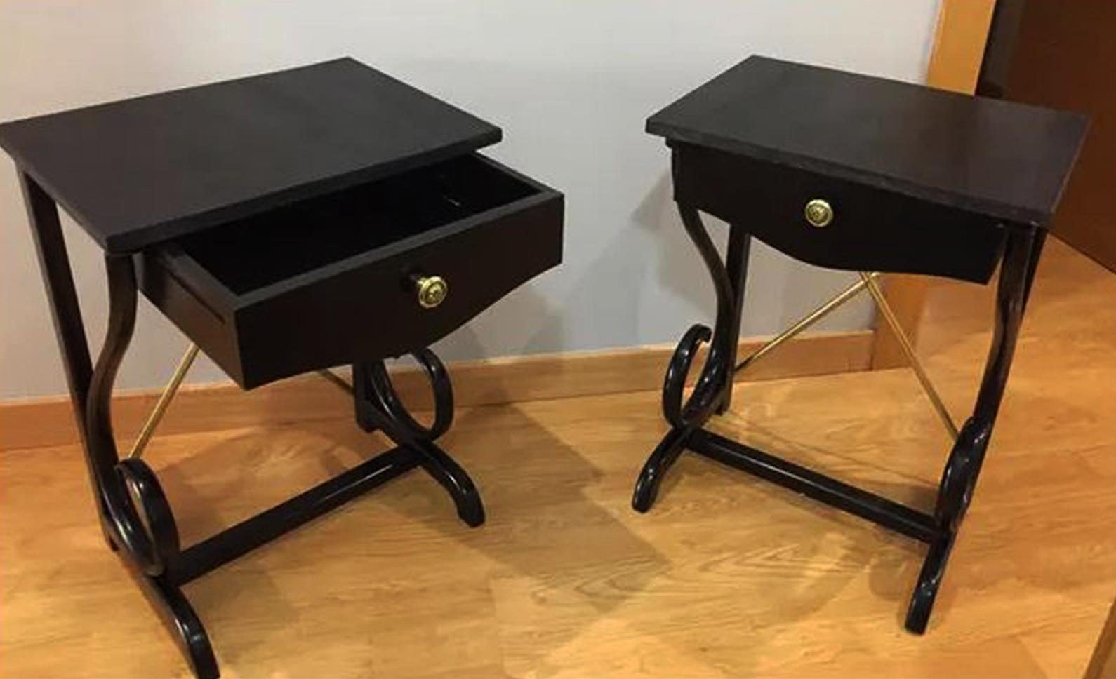 Spanish Night Tables Thonet Style Black Bentwood and Brass, One Drawer, 1970s