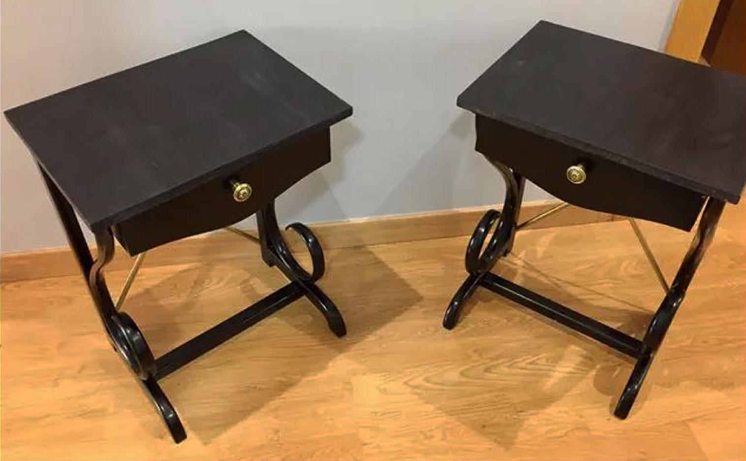Night Tables Thonet Style Black Bentwood and Brass, One Drawer, 1970s 1