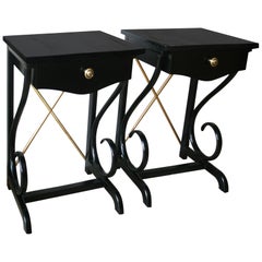 Night Tables Thonet Style Black Bentwood and Brass, One Drawer, 1970s