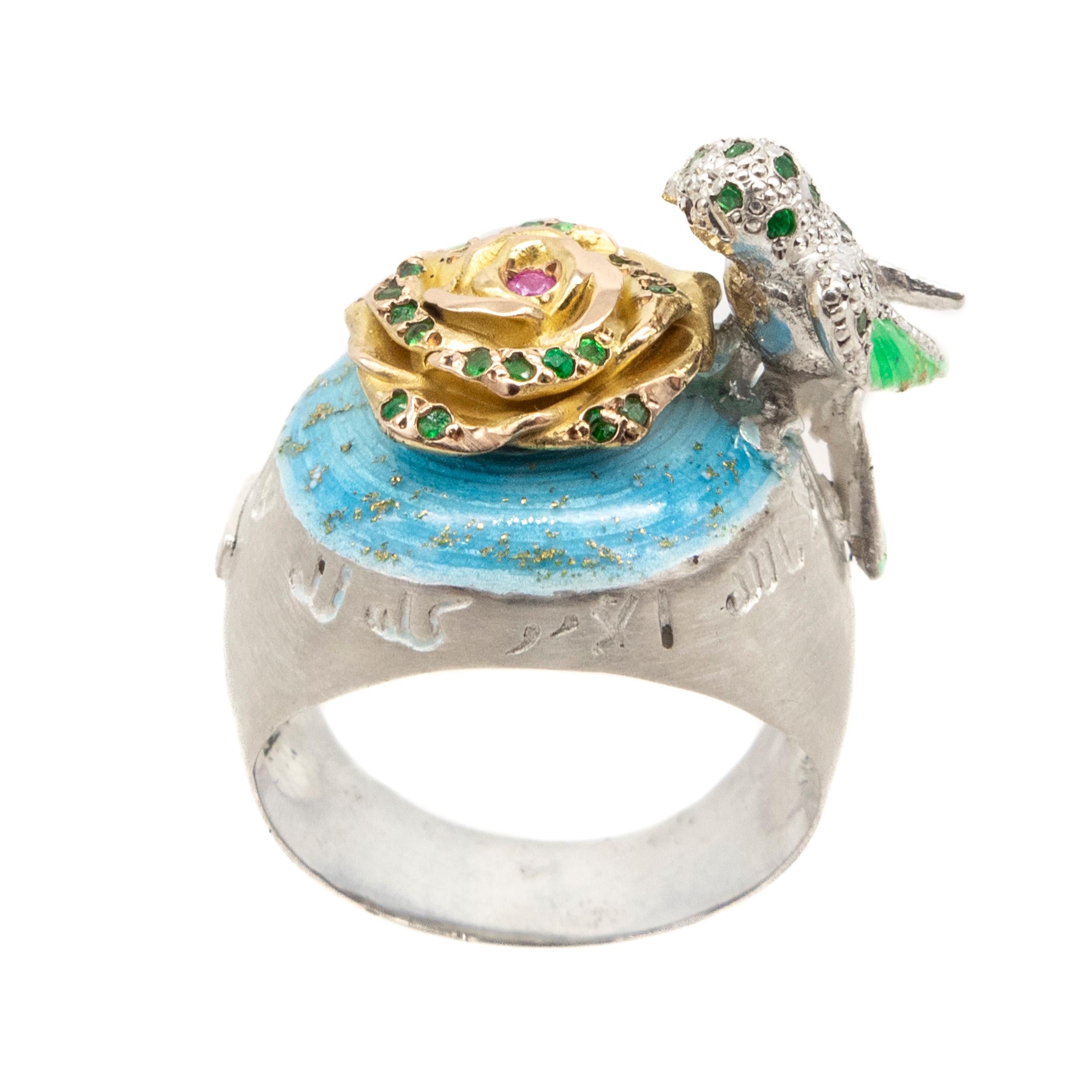 Nightingale And Rose Ring 18 Karat Gold Emeralds Tourmaline Enamel 