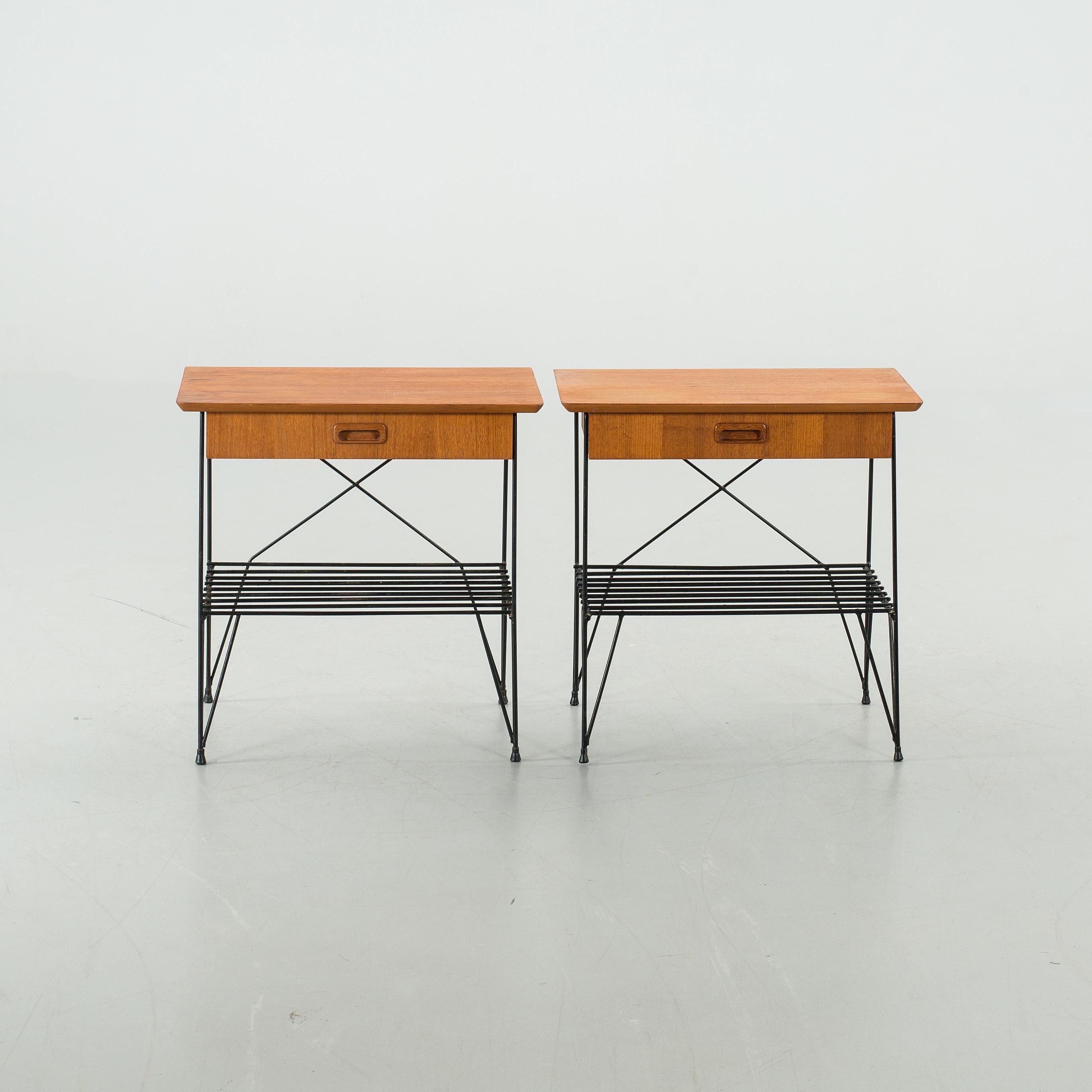 Nightstand Teak on Metal Base  a pair Anonymous, Sweden, 1950 In Good Condition For Sale In Paris, FR