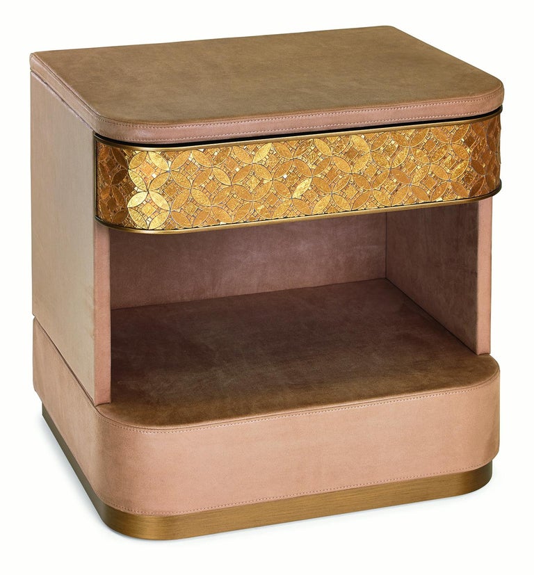 Italian Nightstand Nabuk or Leather Upholstered Drawer Tiny Mosaic Skirting Paint Finish For Sale