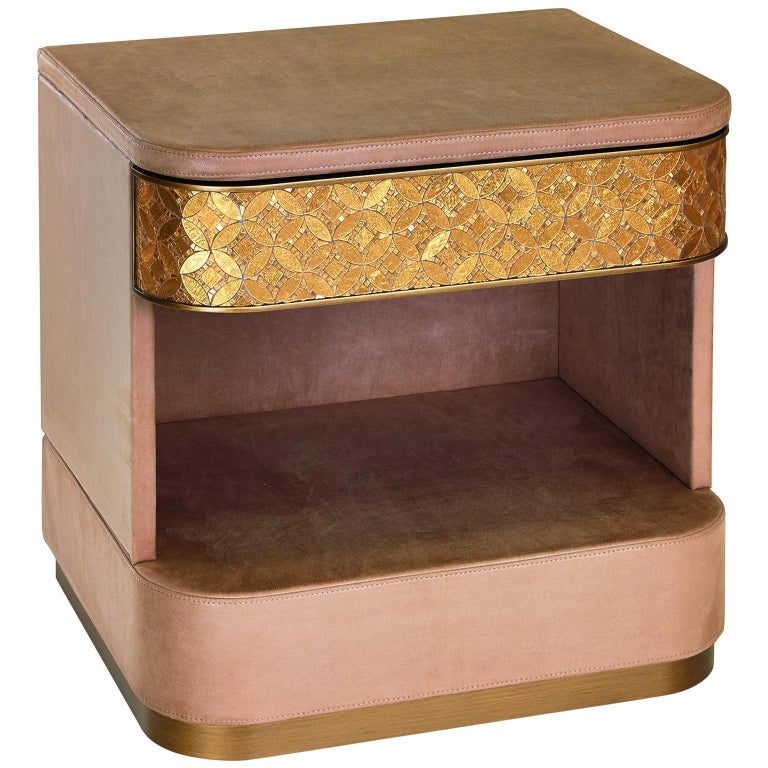 Nightstand Nabuk or Leather Upholstered Drawer Tiny Mosaic Skirting Paint Finish For Sale