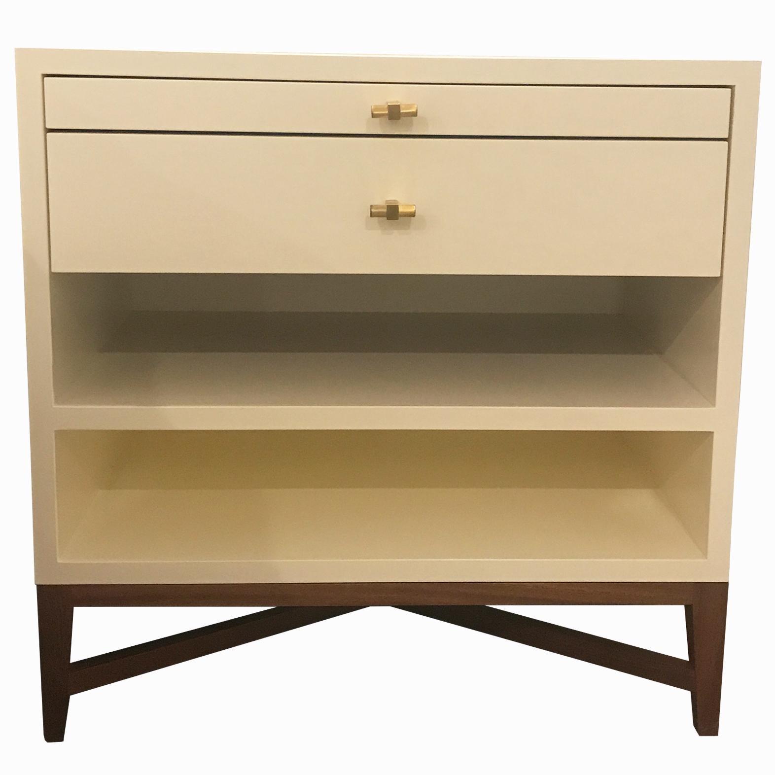 American Nightstand or Side Table in Cream/Custom Color Lacquer Finish and Walnut Legs For Sale