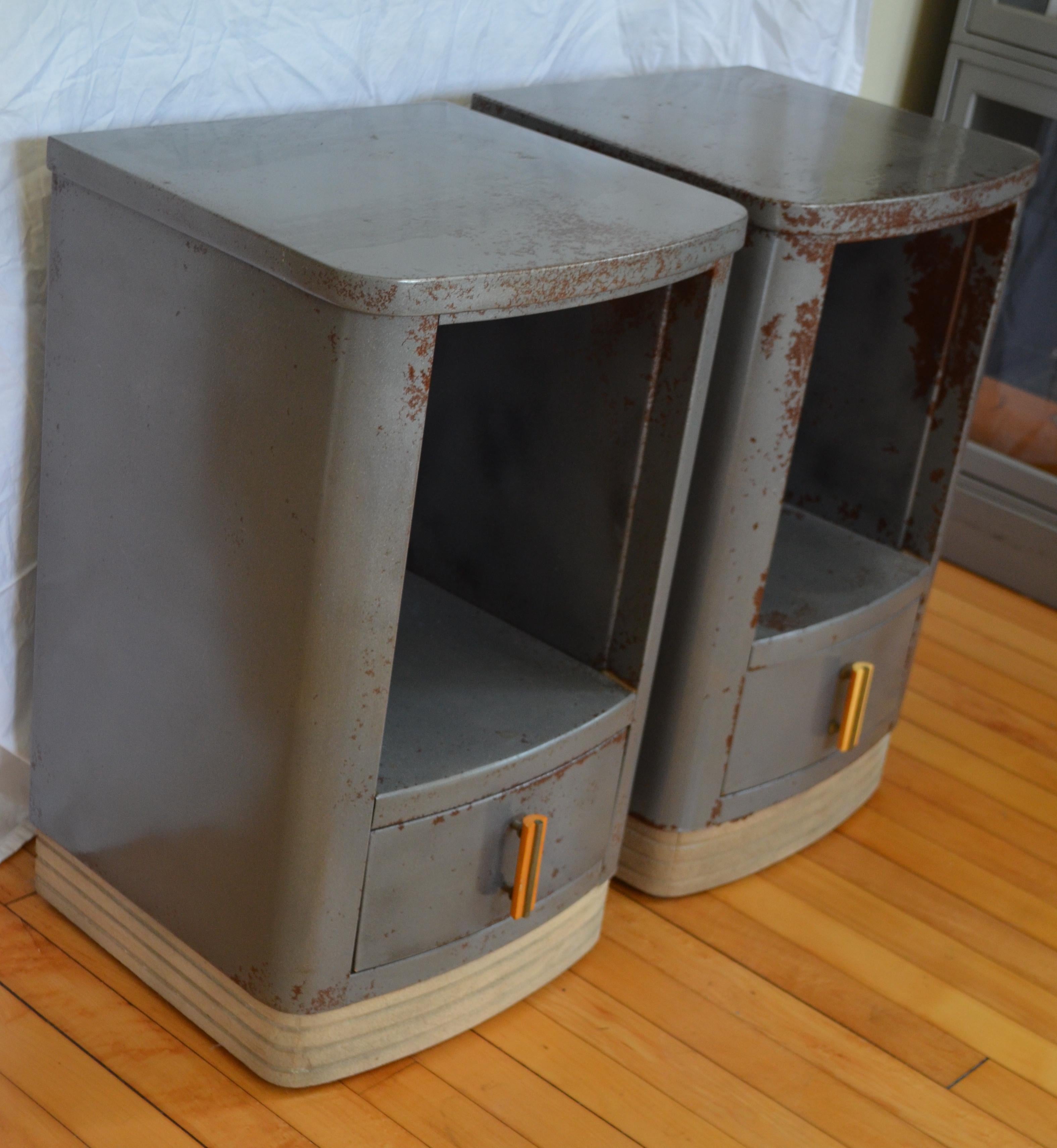 Nightstands Bedside End Tables by Bel Geddes, Steel, Art Deco, circa 1930, Pair In Good Condition In Madison, WI