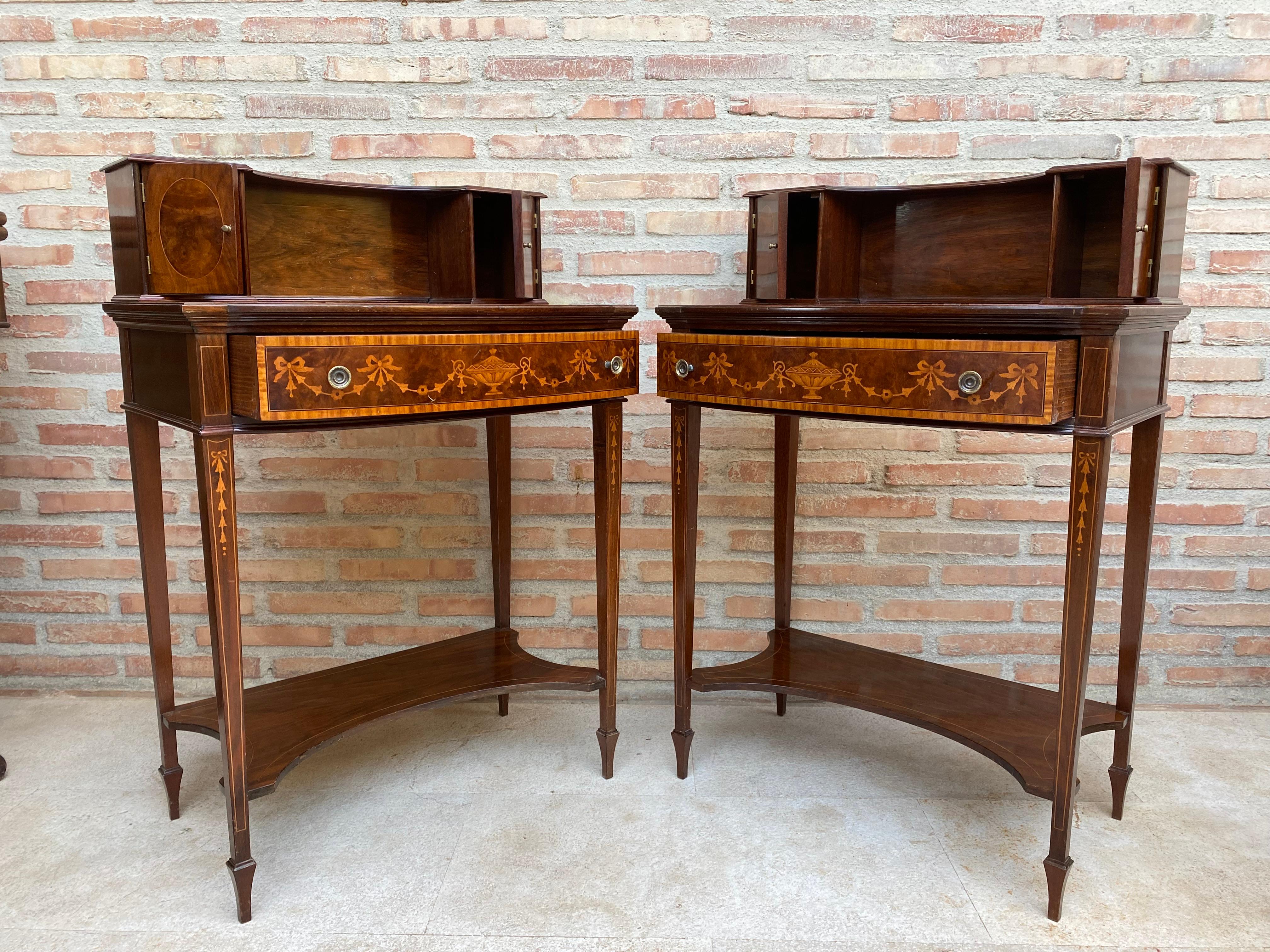 Walnut Nightstands with French Marquetry Inlaid, 1920s, Set of 2 For Sale