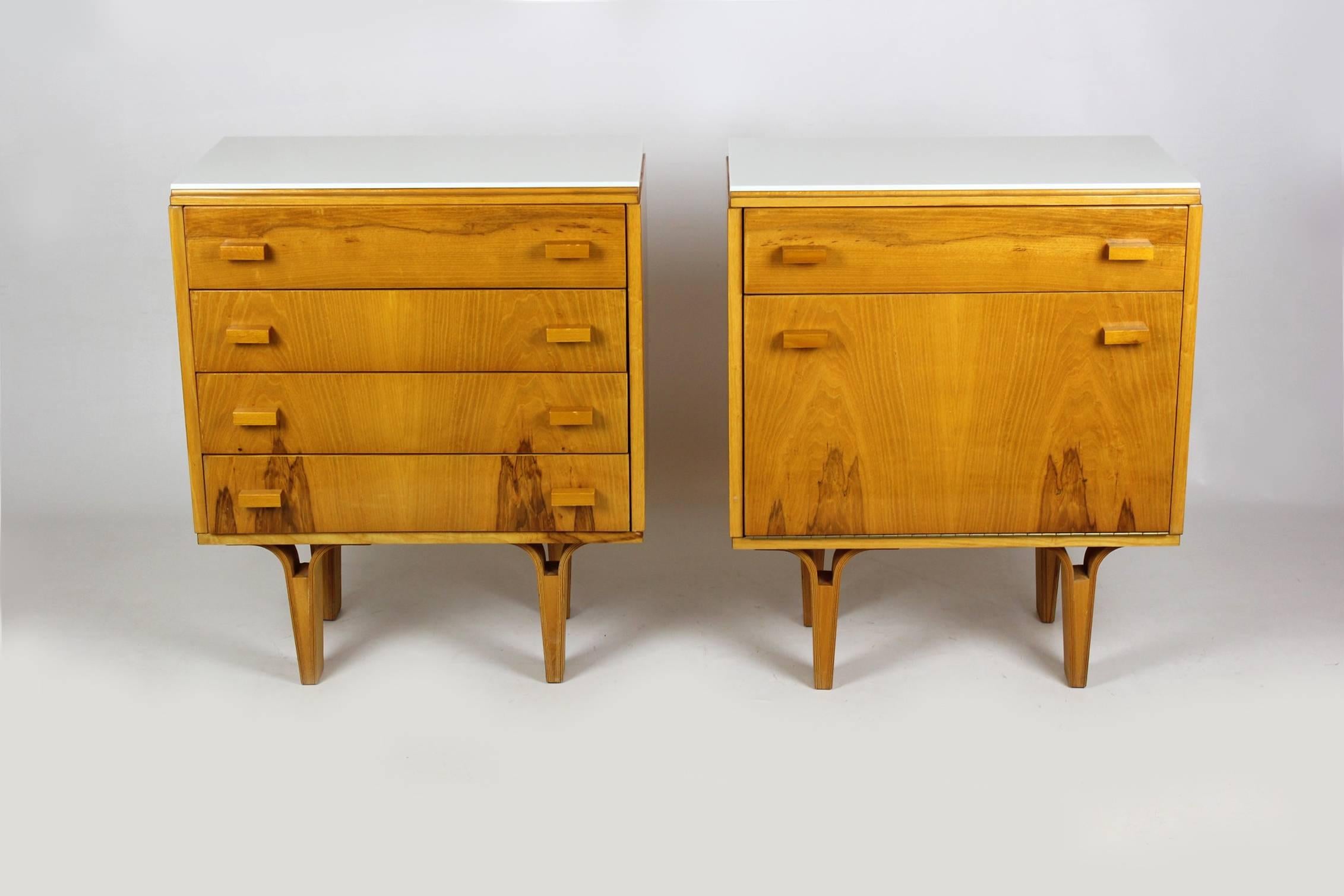 Pair of vintage nightstands, manufactured by Nový domov NP in the 1960s-1970s.
Features original white glass tops. Legs are made from bent plywood. Kept in original, very good condition.