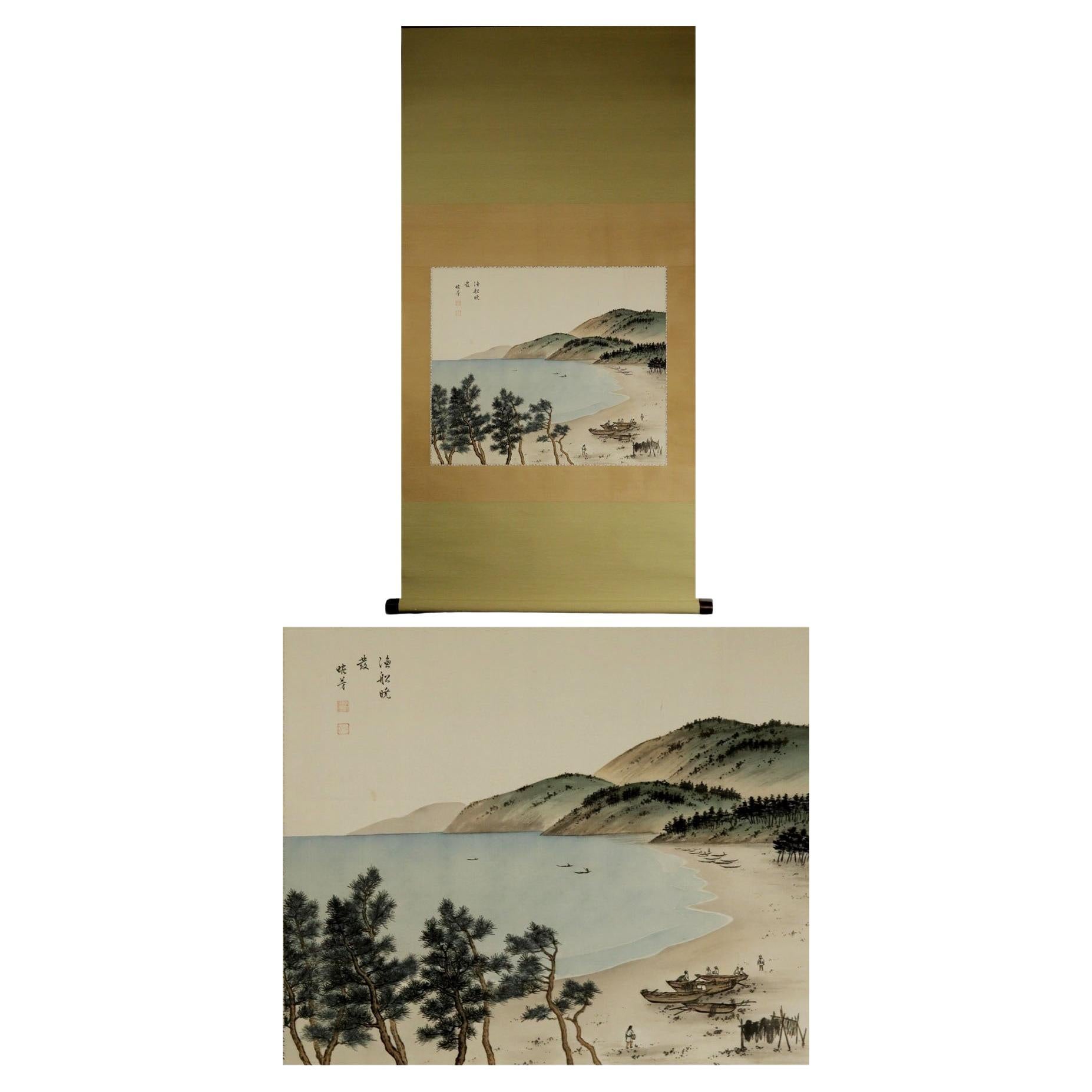 Peinture japonaise Nihonga 1900 Meiji - Bateaux de pêche à volutes à l'école Gyosen Nanga en vente