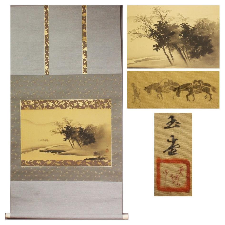 Nihonga Japanese Painting 1900 Meiji Scroll Kawai Gyokudo Nanga School Lake Scen For Sale
