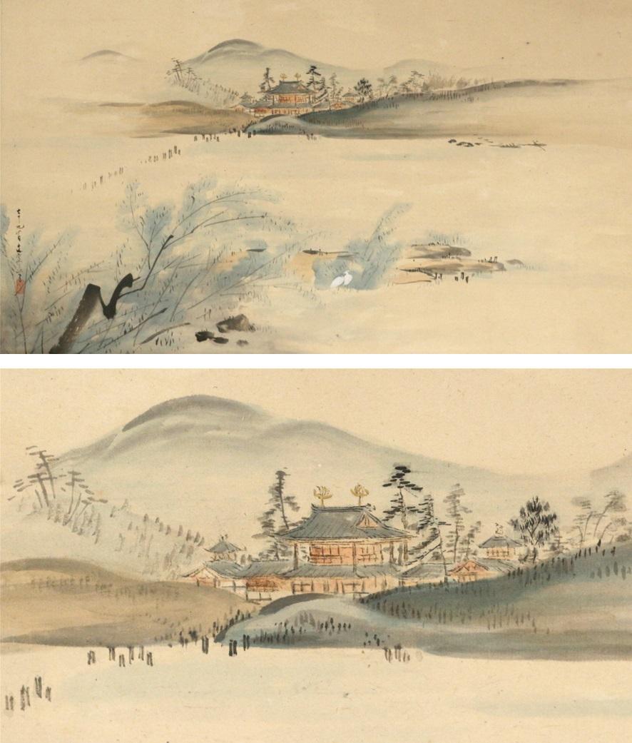 Paire de paysages Nihonga Scène de rouleaux de la période Meiji par l'artiste Sakakibara du Japon du 19e siècle Bon état - En vente à Amsterdam, Noord Holland