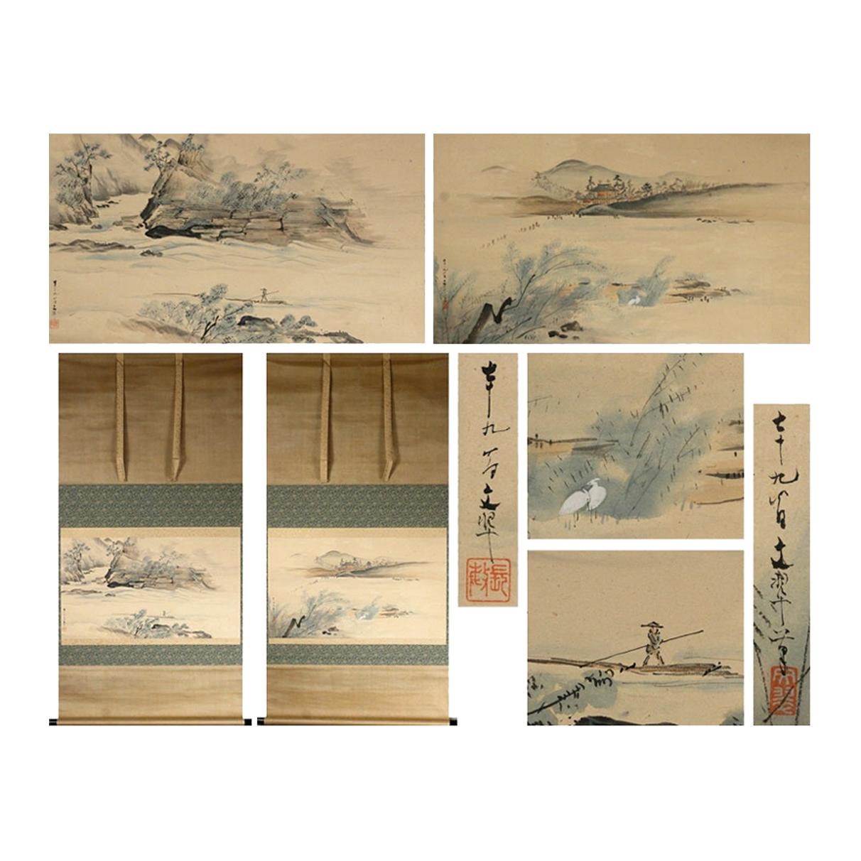 Paire de paysages Nihonga Scène de rouleaux de la période Meiji par l'artiste Sakakibara du Japon du 19e siècle en vente