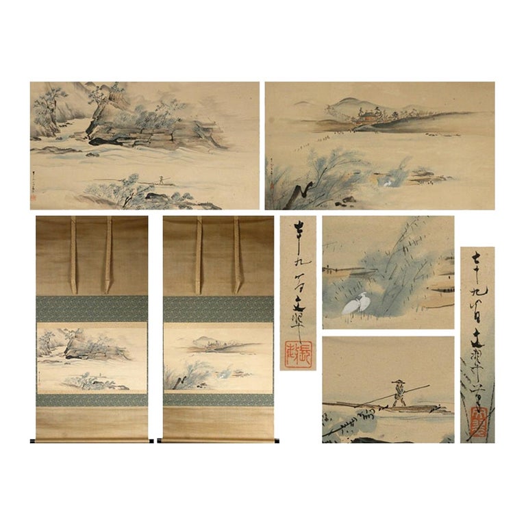 Nihonga Pair Landcape Scene Meiji Period Scroll Japan 19c Artist Sakakibara For Sale