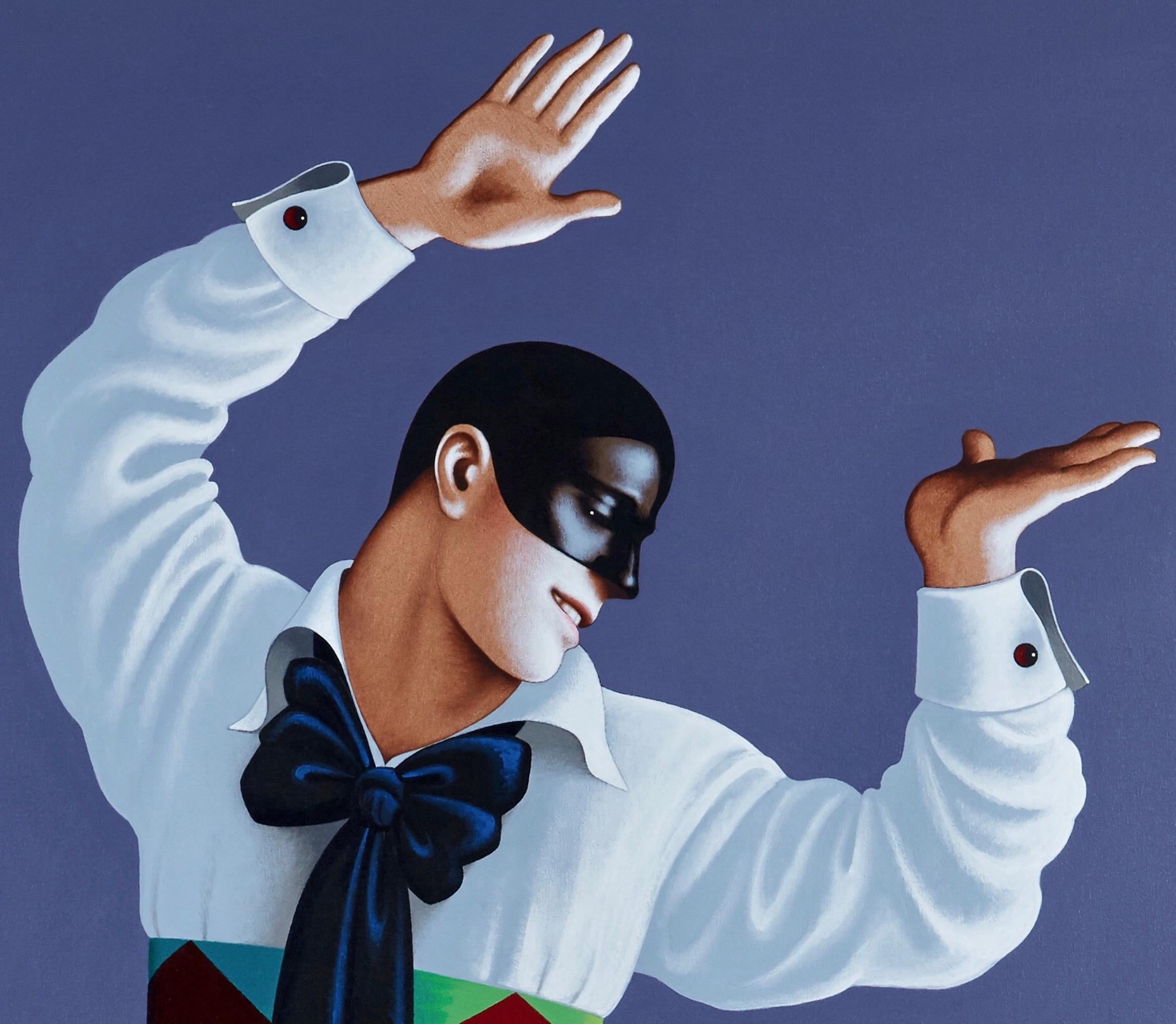 Nijinsky as Harlequin.
Original life-size painting by Lynn Curlee
The great dancer Vaslav Nijinsky in one of his most famous roles as Harlequin in Carnaval.

This painting was reproduced as an illustration in The Great Nijinsky, God of