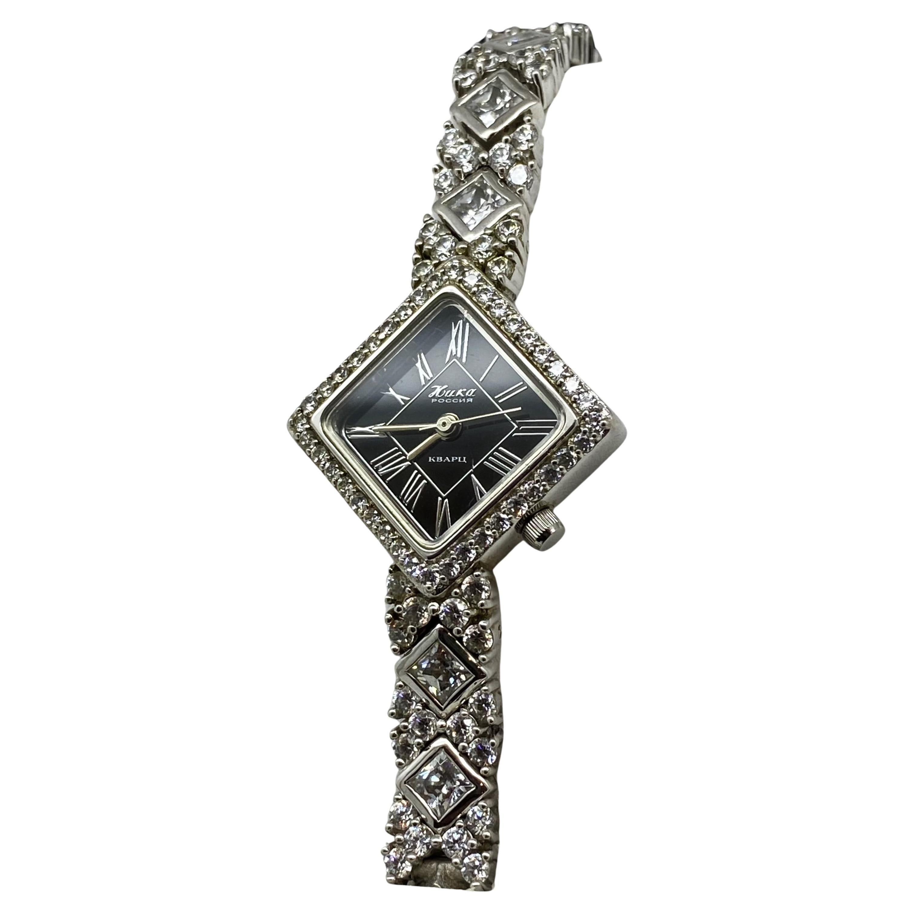 Nika Rusia Reloj de pulsera de cuarzo para señora, plata de ley 925 y cristal, caja + papeles Corte redondo en venta