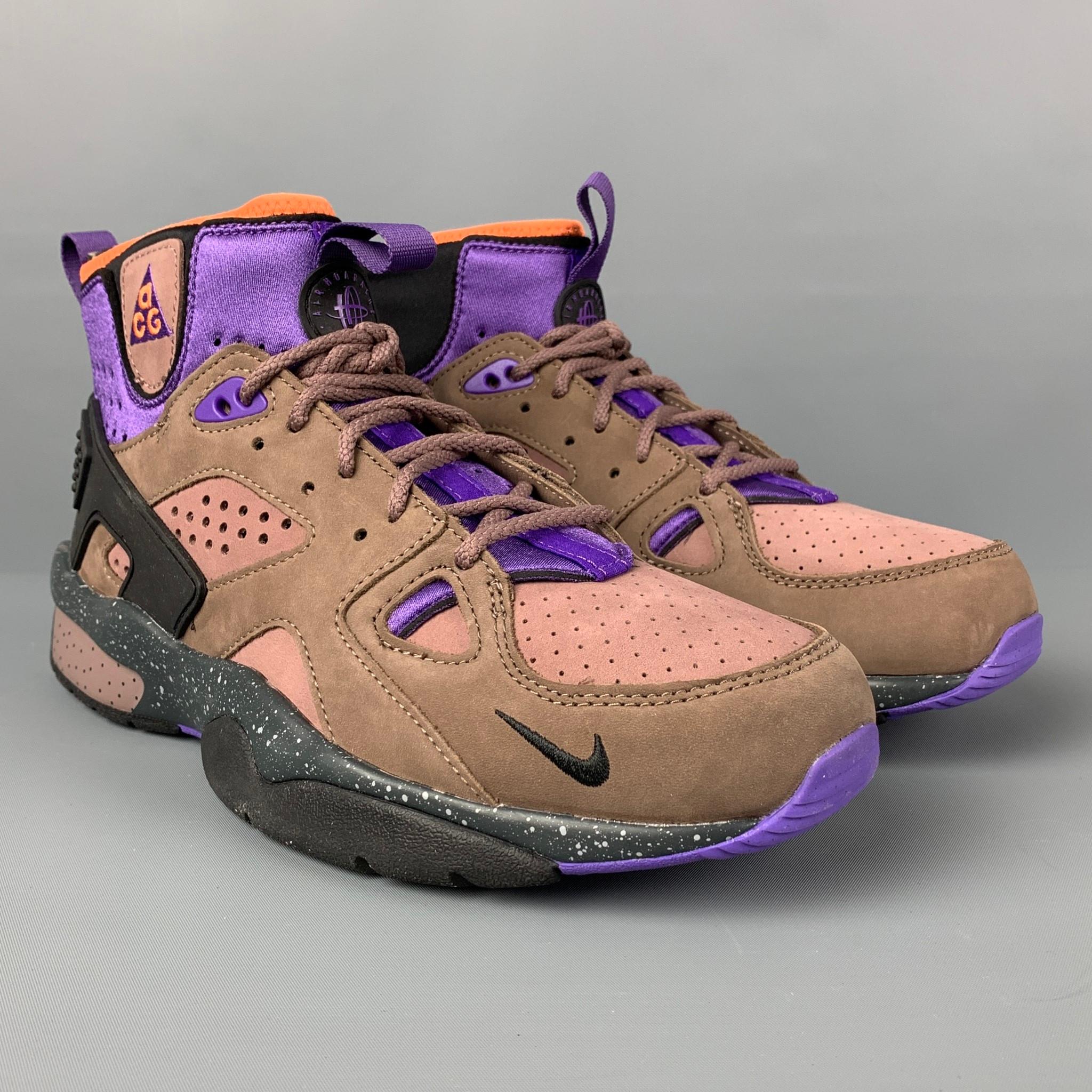 NIKE 'ACG AIR MOWABB' sneakers comes in a brown & purple two toned mixed material featuring a suede trim, high top, rubber sole, and a lace up closure. 

New With Box.
Marked: 9.5

Outsole: 12 in. x 4.25 in. 