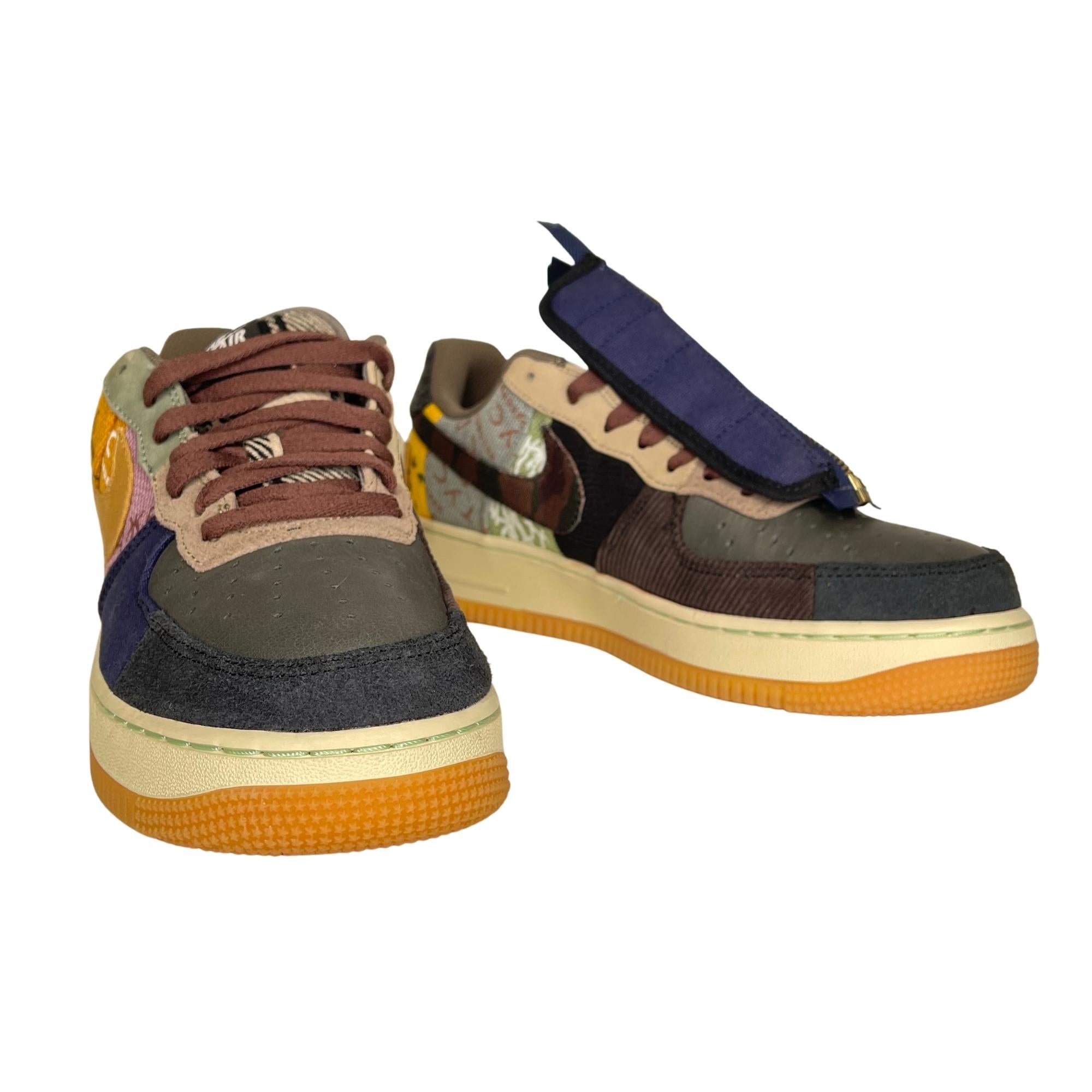 The Travis Scott x Air Force 1 Low 'Cactus Jack' is a unique creation featuring the rapper's trademark utilitarian cues. Released in November 2019, this edition has printed canvas, leather and suede uppers with zipped corduroy lace shrouds and