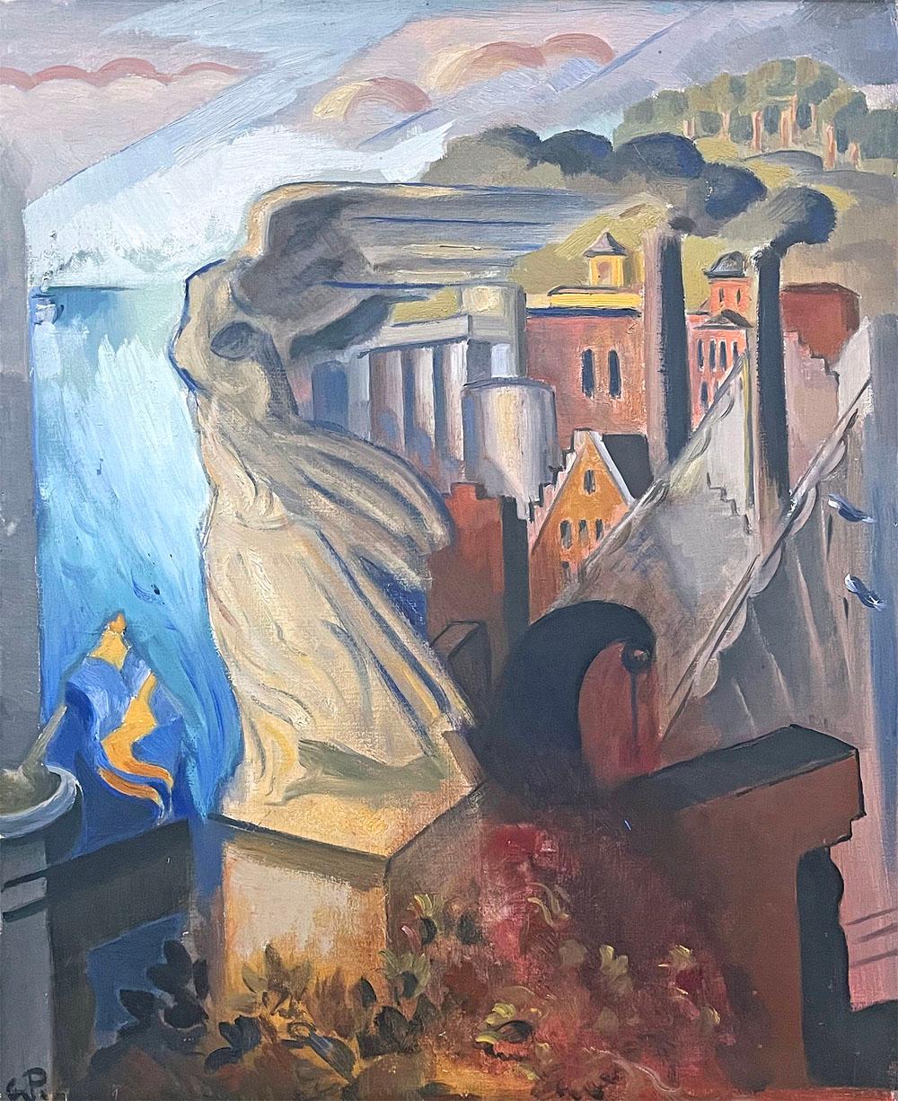 Das wohl größte Werk von Georg Pauli, einem der führenden schwedischen Maler der Moderne in den 1920er, 30er und 40er Jahren, zeigt die große Nike-Skulptur auf dem Gelände des Hauses von Prinz Eugen am Kap Waldemar im Zentrum Stockholms (auf