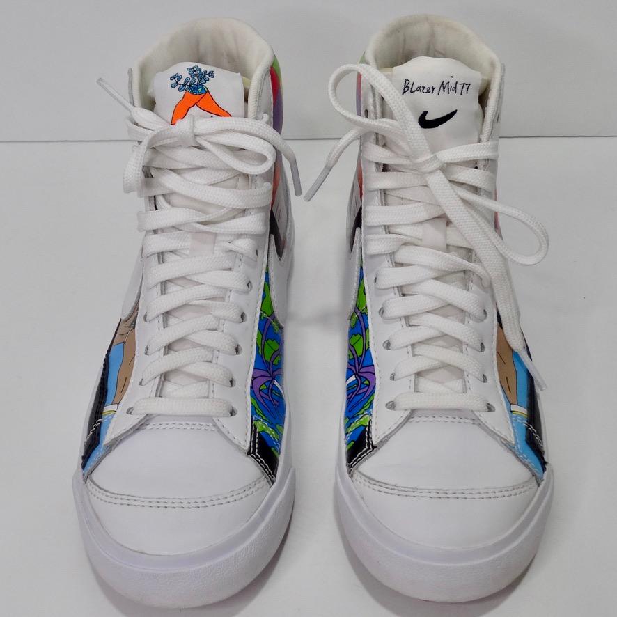 Vibrant and unique high top Nike sneakers circa 2020 in collaboration with Berlin artist Ruohan Wang. Wang presents an elevated take on Nike's classic blazer style sneaker with stunning Japanese inspired artwork which draws in the eye. One of the