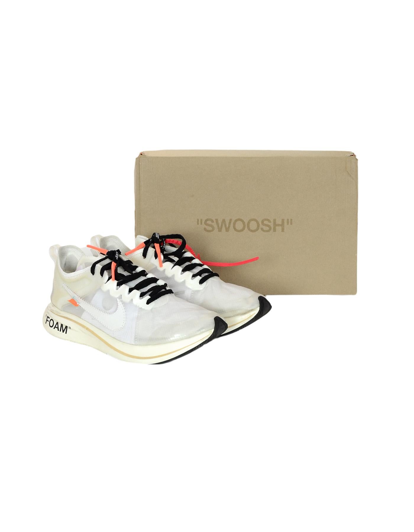 Nike x Off-White Men's Muslin 2017 Zoom Fly Promo/Sample Sneakers Sz 10

Made In: Vietnam
Year of Production: 2017
Color: White/black
Materials: Muslin, rubber
Closure/Opening: Lace up
Overall Condition: Excellent pre-owned condition with exception