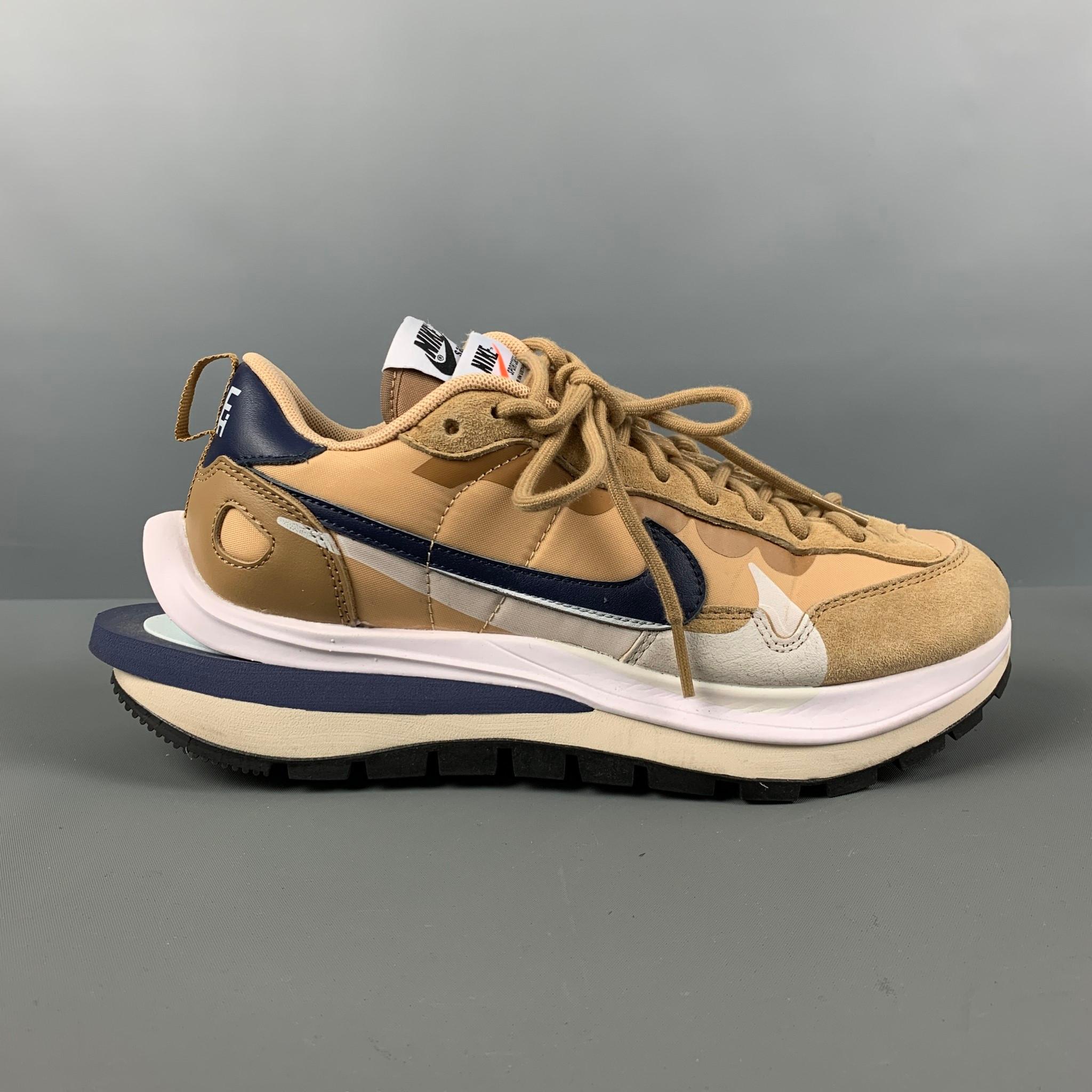 Men's NIKE x SACAI Size 7.5 Tan Navy Mixed Materials Suede Runner Sneakers