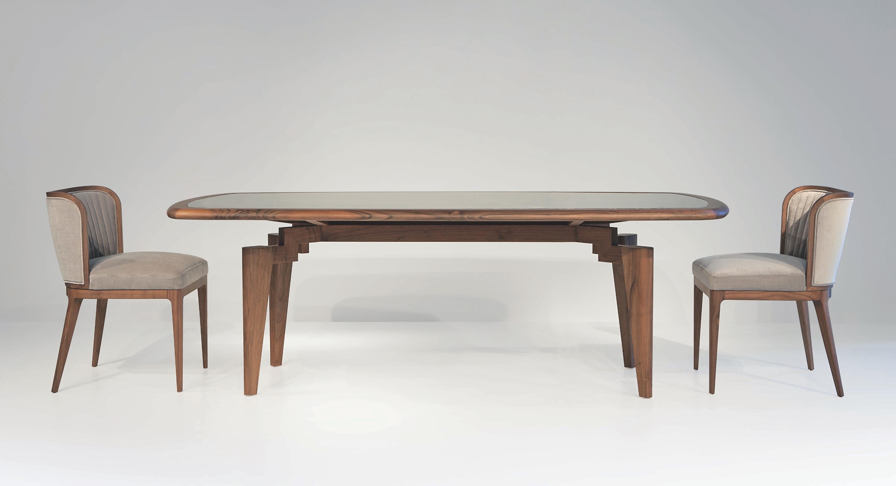 Carved Nikea Table, Geometric Legs with Marble Insert Dining Table For Sale