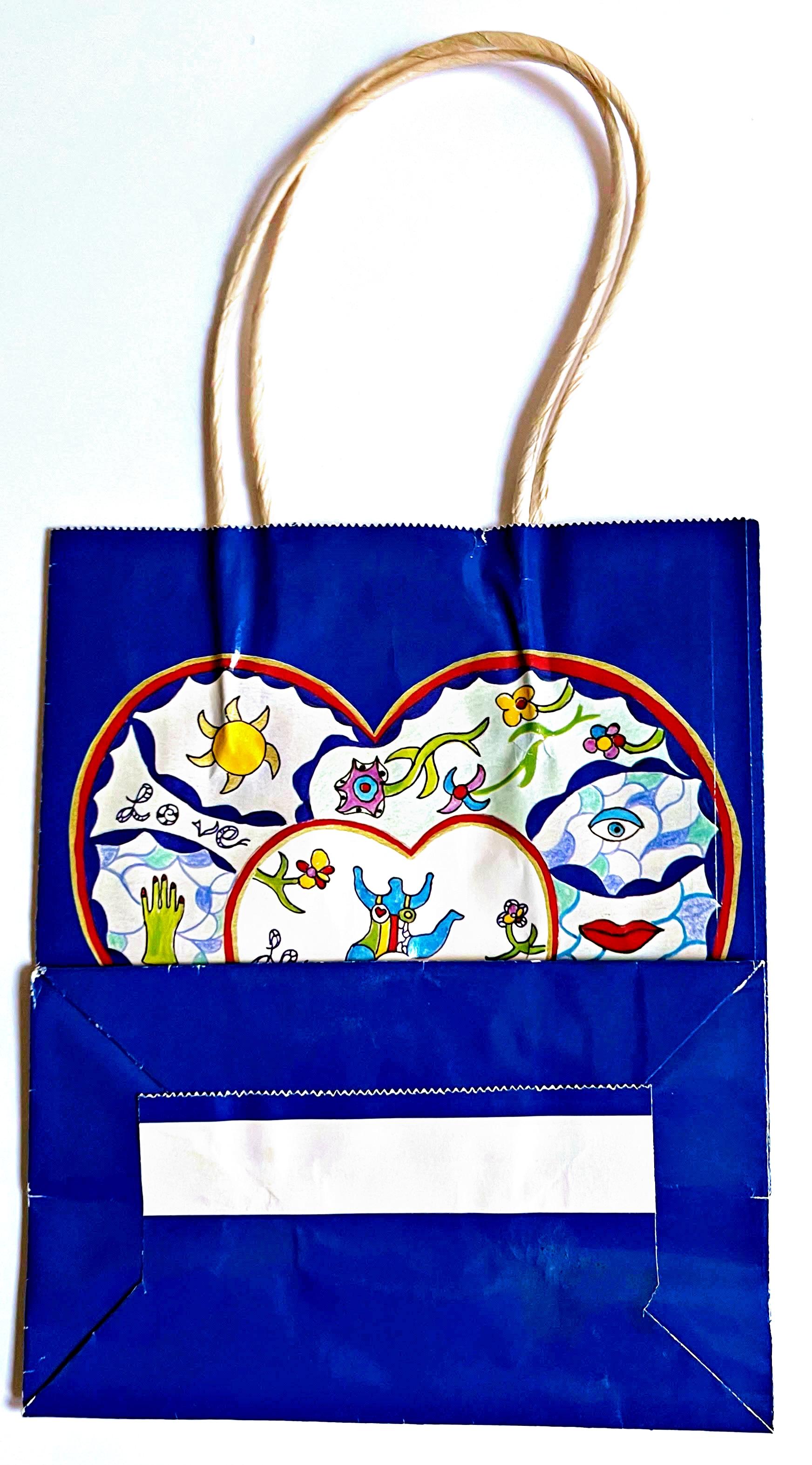 Niki de Saint Phalle
Niki de St Phalle Bespoke LOVE Shopping Bag, ca. 1982
Silkscreen on paper bag
9.5 x 8 inches
Unframed
The edition is unknown but we have yet to see any other examples of this charming little shopping bag come to market. We would