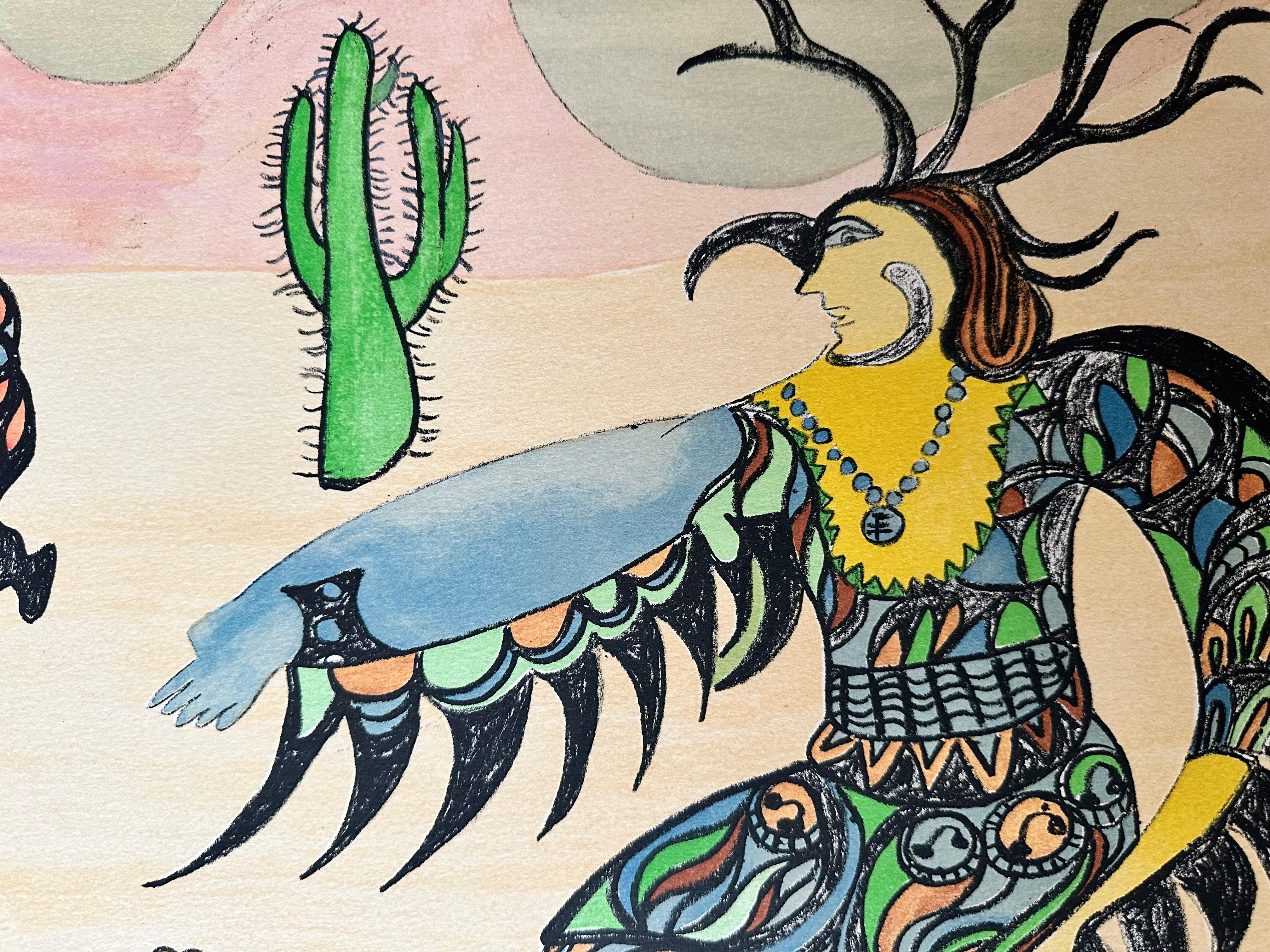 Dreaming Under a Cactus Tree and Arizona Wildlife  (Set of 2) - Beige Landscape Print by Niki de Saint Phalle