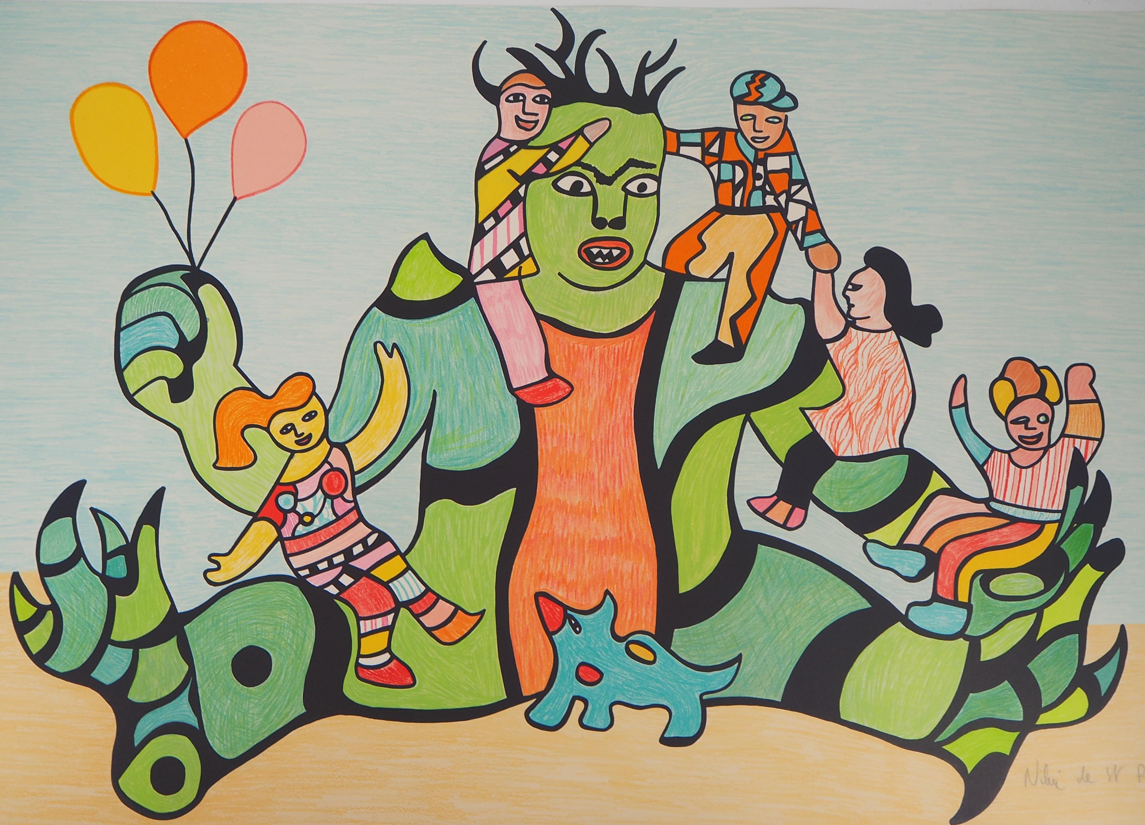 Funfair : Green Man, Happy Children and Dog - Original lithograph, Handsigned - Surrealist Print by Niki de Saint Phalle