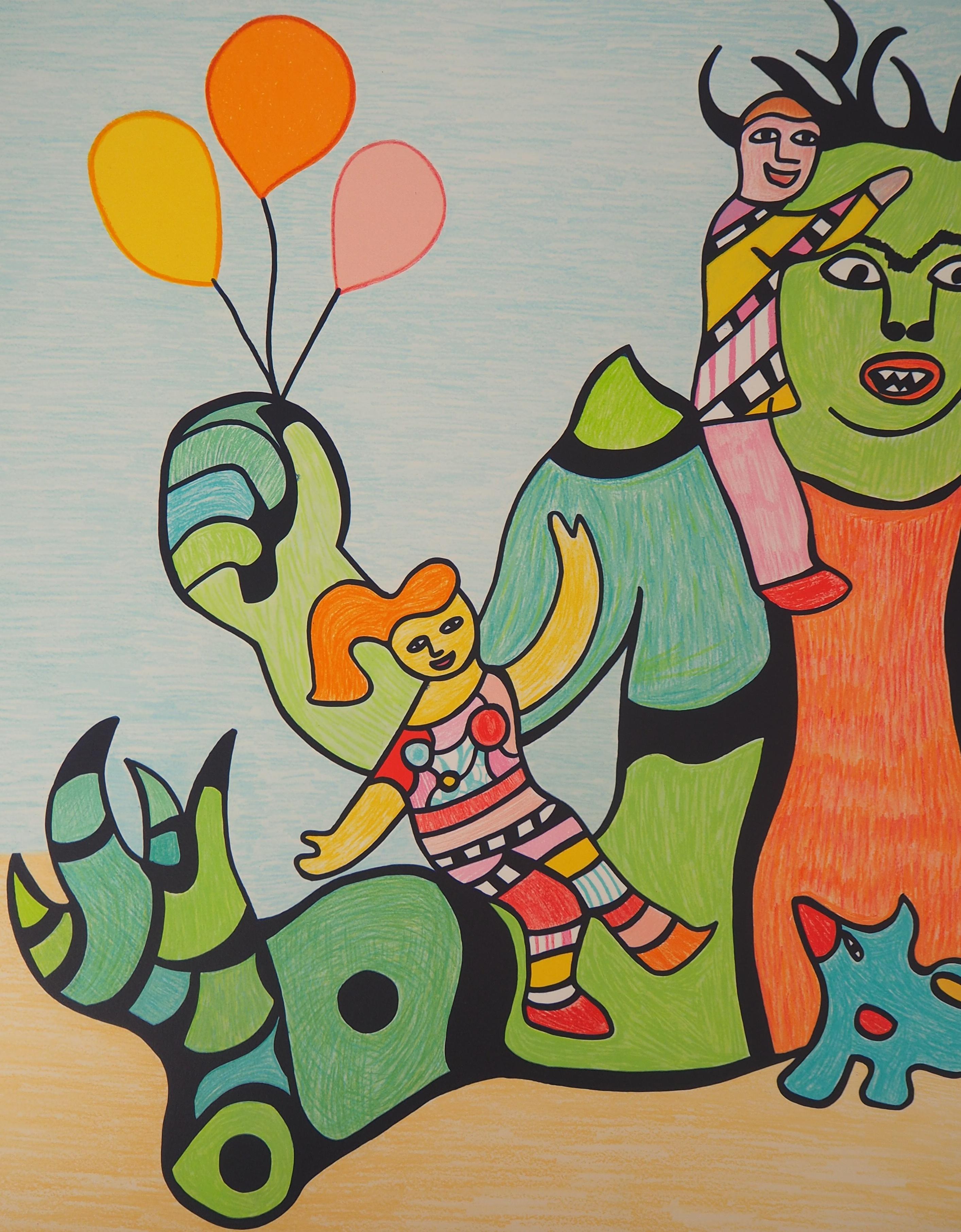 Funfair : Green Man, Happy Children and Dog - Original lithograph, Handsigned 2
