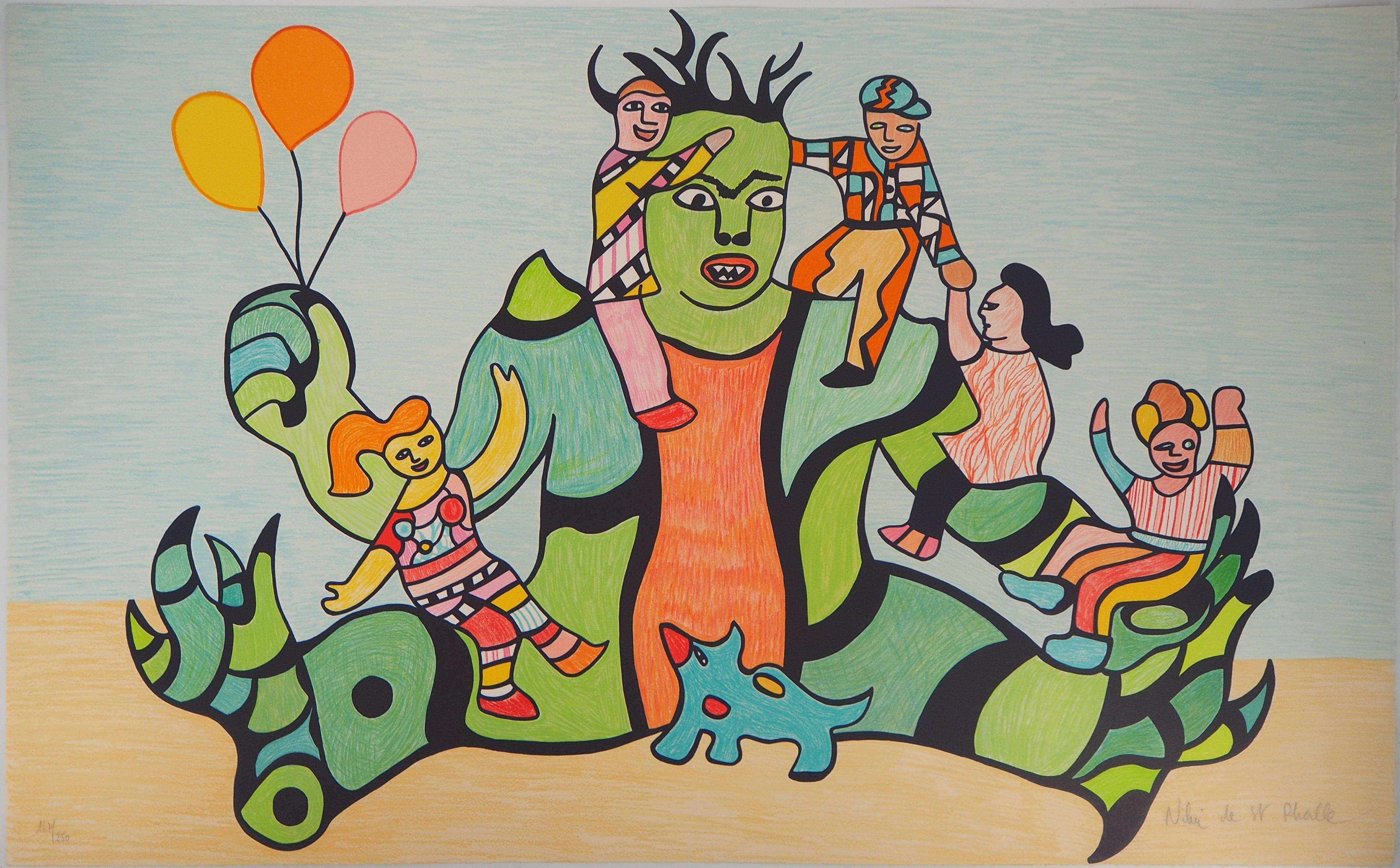 Niki de Saint Phalle Figurative Print - Funfair : Green Man, Happy Children and Dog - Original lithograph, Handsigned
