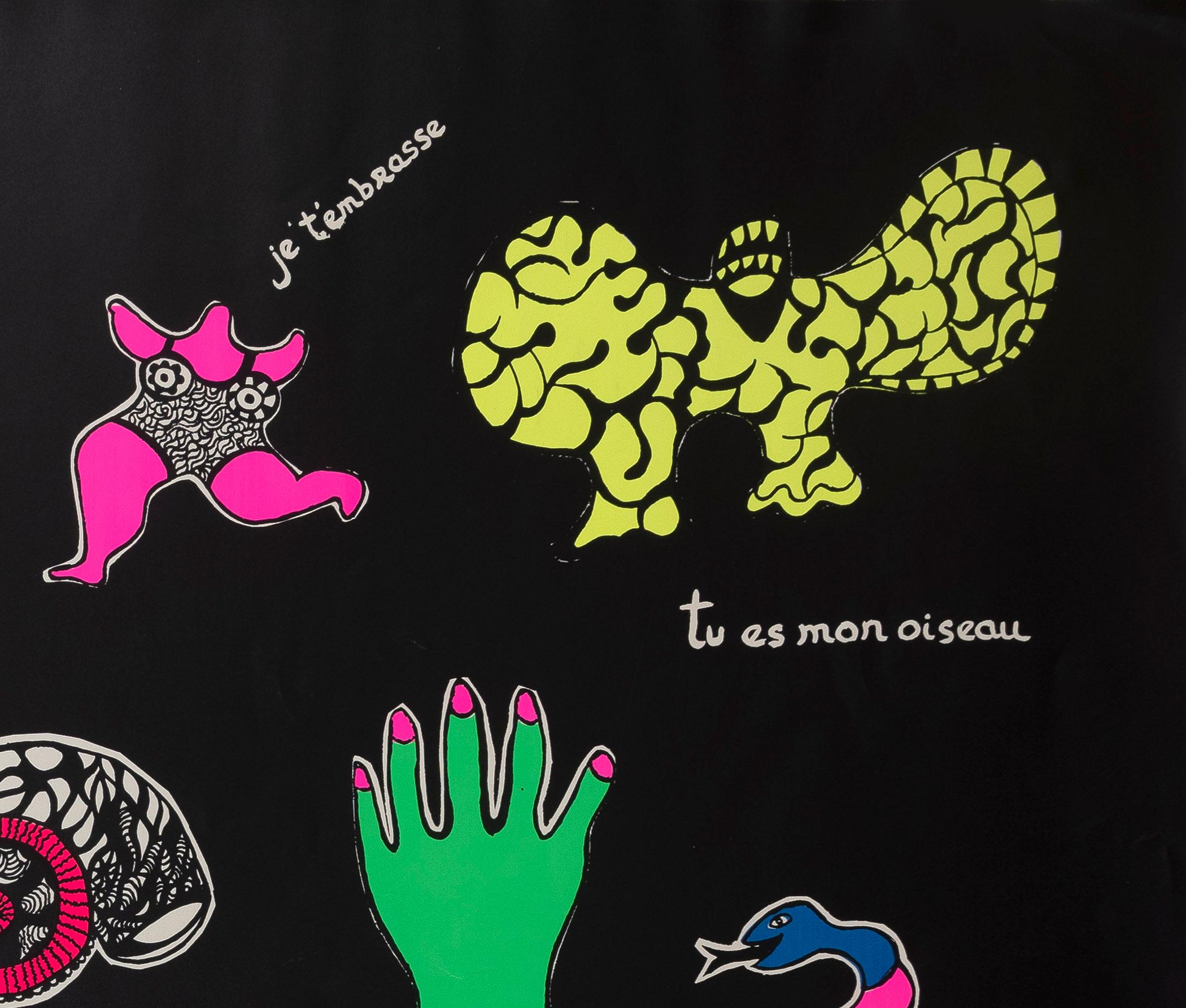 Lettre d'amour a mon amour
Nicky de Saint Phalle
Mezzo - Serigrafia    
Edizione - 3/75
Firmato - Yes One
Dimensioni - 700 mm x 500 mm
Data - c1968
Condit - Ragionevole 7 su 10. Alcuni piccoli strappi all'angolo inferiore destro e all'angolo