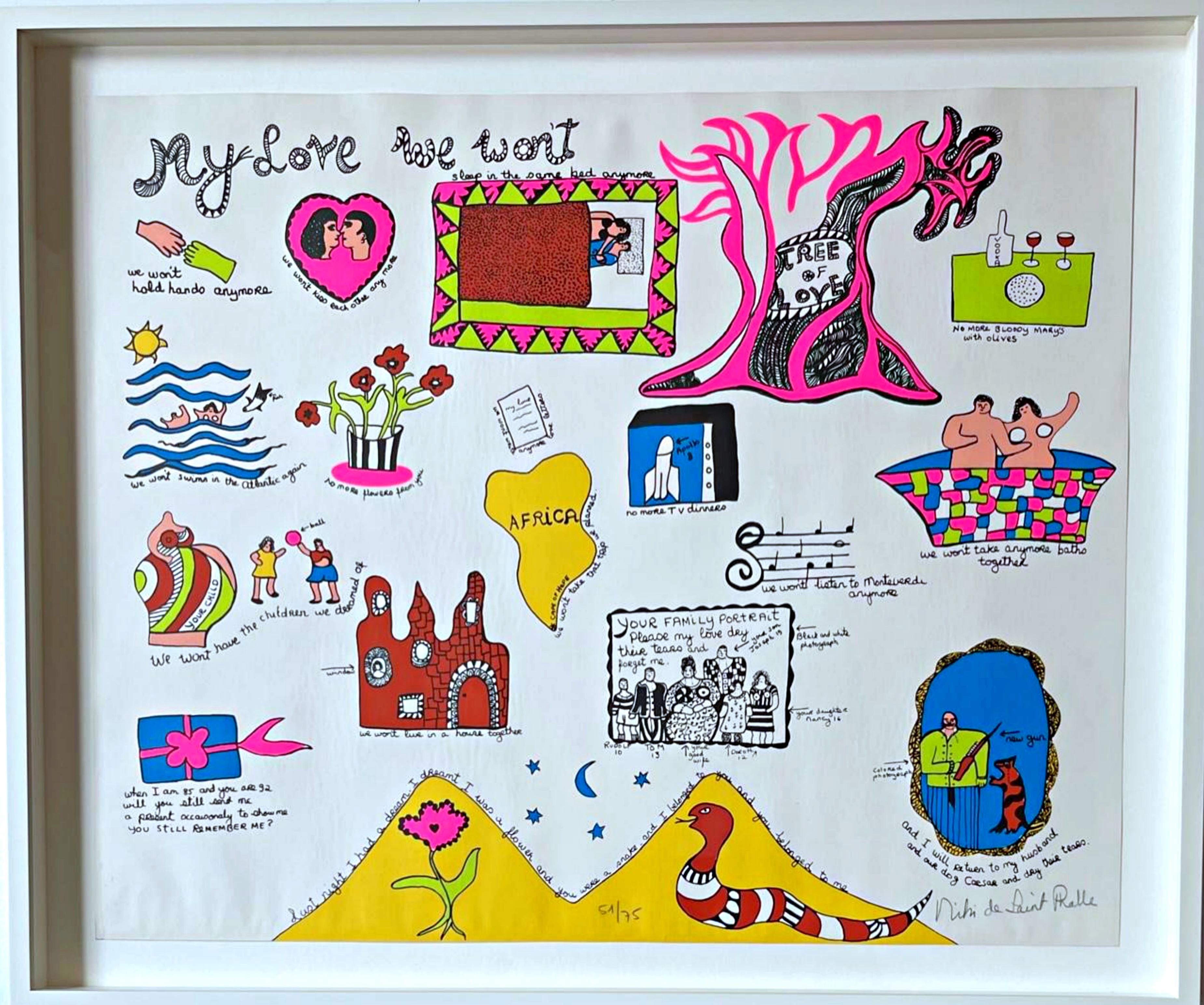 Niki de Saint Phalle Abstract Print - My Love We Wont - coveted, whimsical 1960s silkscreen by beloved female artist 