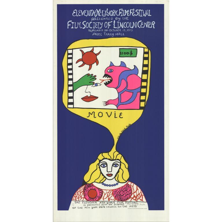 Este cartel original de alta calidad diseñado por Niki de Saint Phalle para el 11º Festival de Cine de Nueva York en 1973 capta maravillosamente el estilo vibrante y caprichoso de la artista. Firmado y numerado sobre 144 ejemplares, los colores