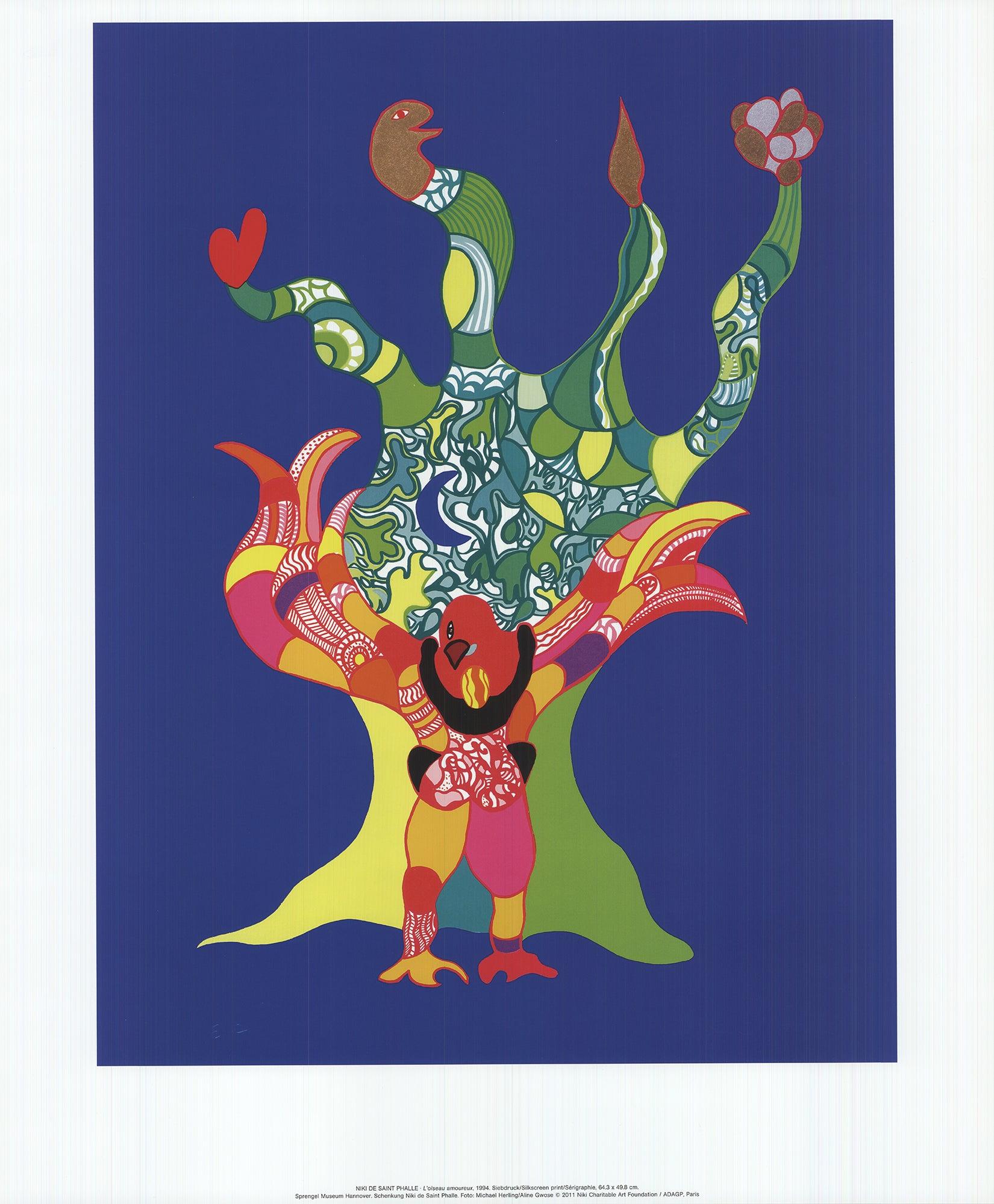 Esta reproducción de alta calidad de L'Oiseau Amoureux (El pájaro enamorado) de Niki de Saint Phalle capta la esencia de su visión artística juguetona y exuberante. Conocida por su audaz uso del color y sus imaginativas formas, Saint Phalle solía