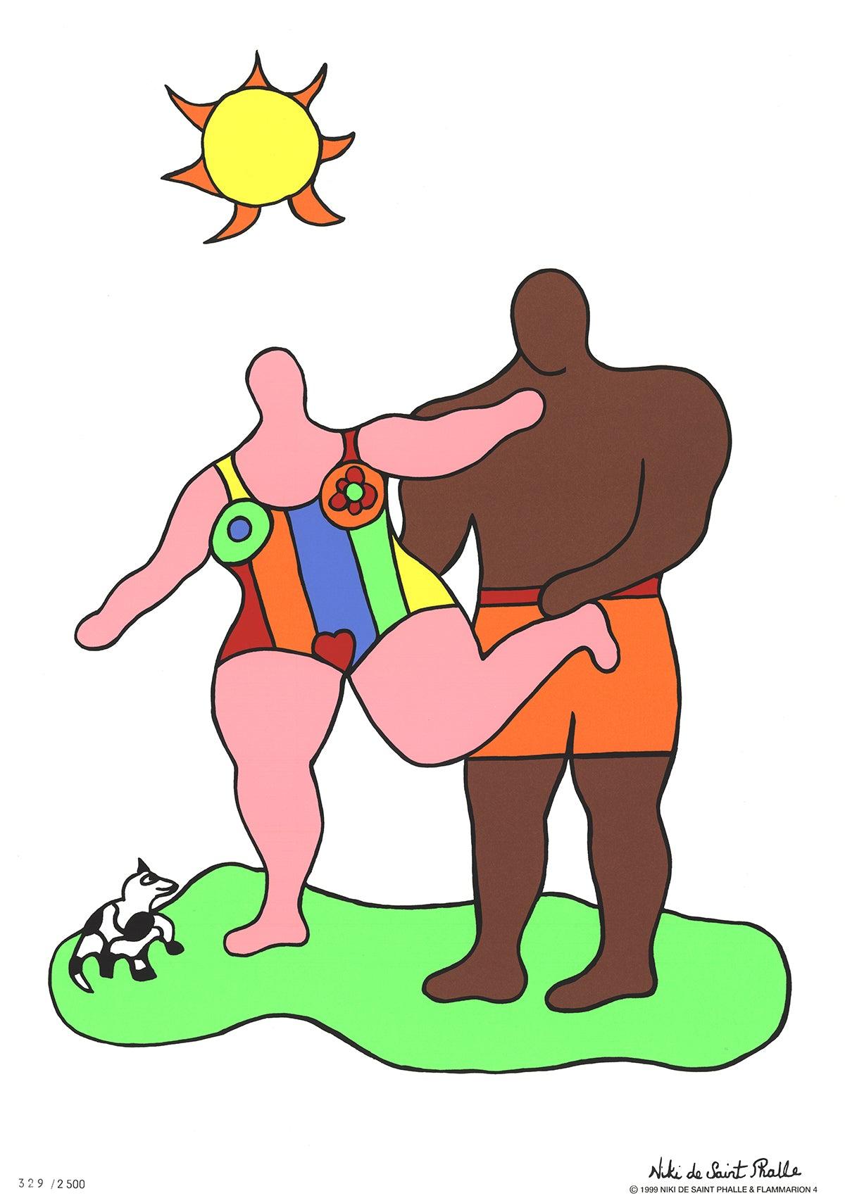 This high-quality reproduction screen print of Nikki de Saint Phalle's Sur la Plage II beautifully captures the artist's vibrant and whimsical style. The depiction of an interracial couple and their dog enjoying a day at the beach, with its bold