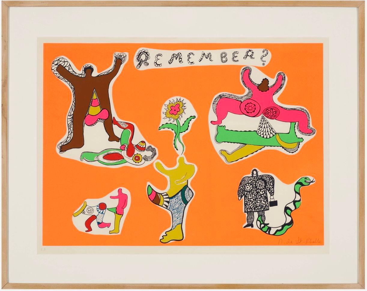 Niki de Saint Phalle Remember? Screenprint in Colors 1970
Signed to lower edge ‘E.A. N. de St. Phalle’. This work is an artist's proof apart from the edition of 115 published by Editions Essellier, Liechtenstein.
Dimensions:
19