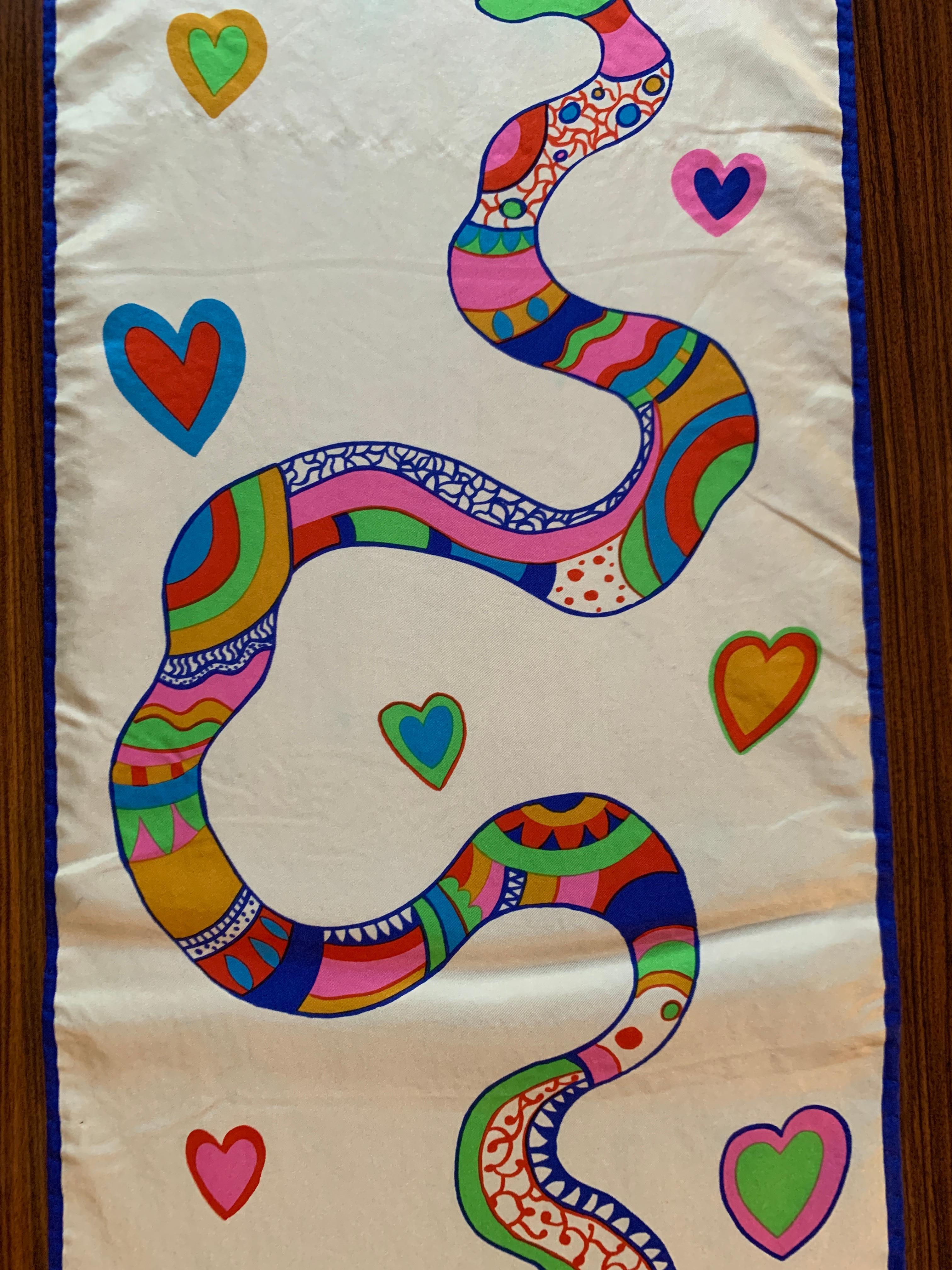 Beige Niki de Saint Phalle Snake and Heart Print Long Silk Scarf