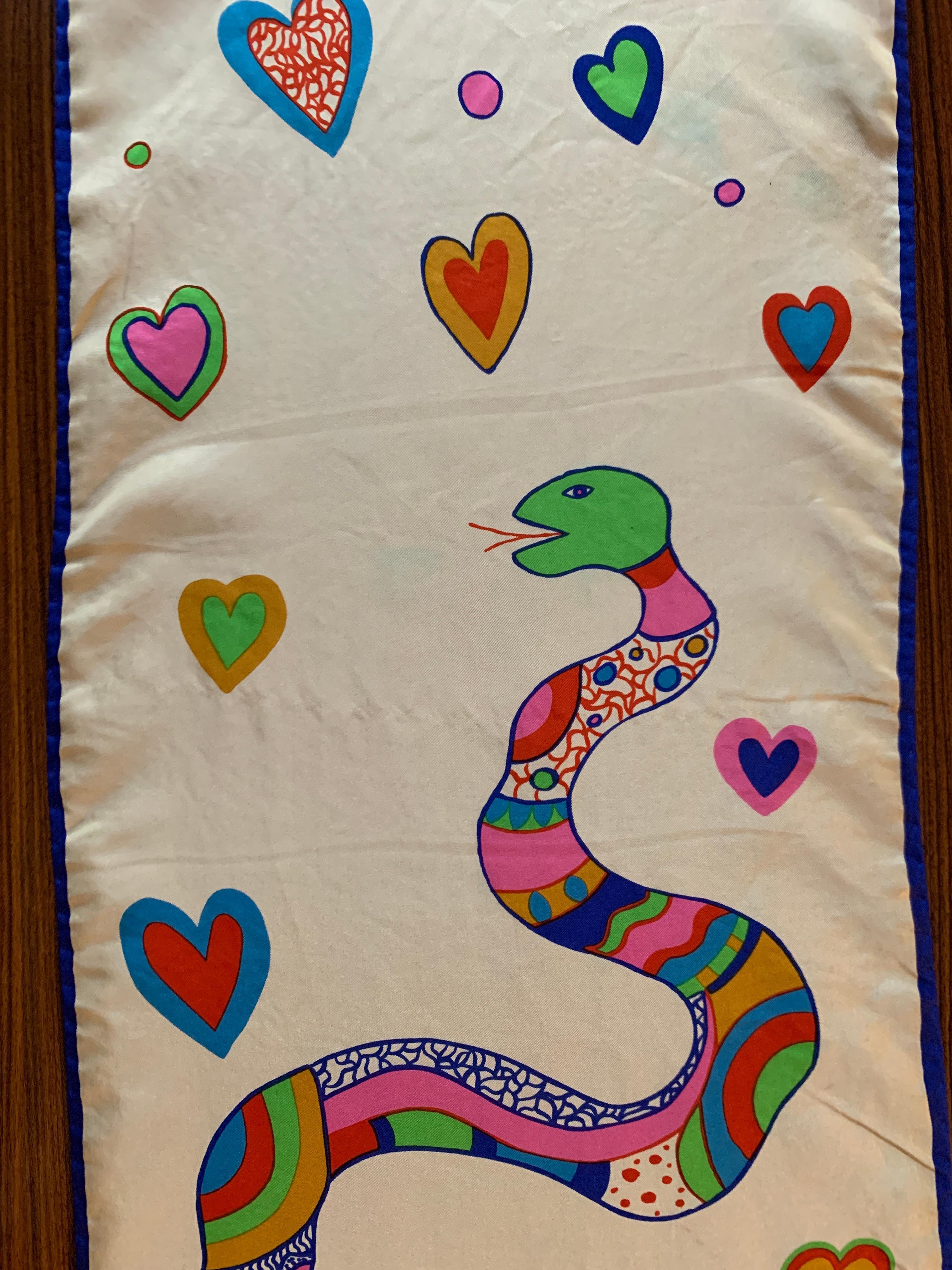 Niki de Saint Phalle Snake and Heart Print Long Silk Scarf In Fair Condition In San Francisco, CA