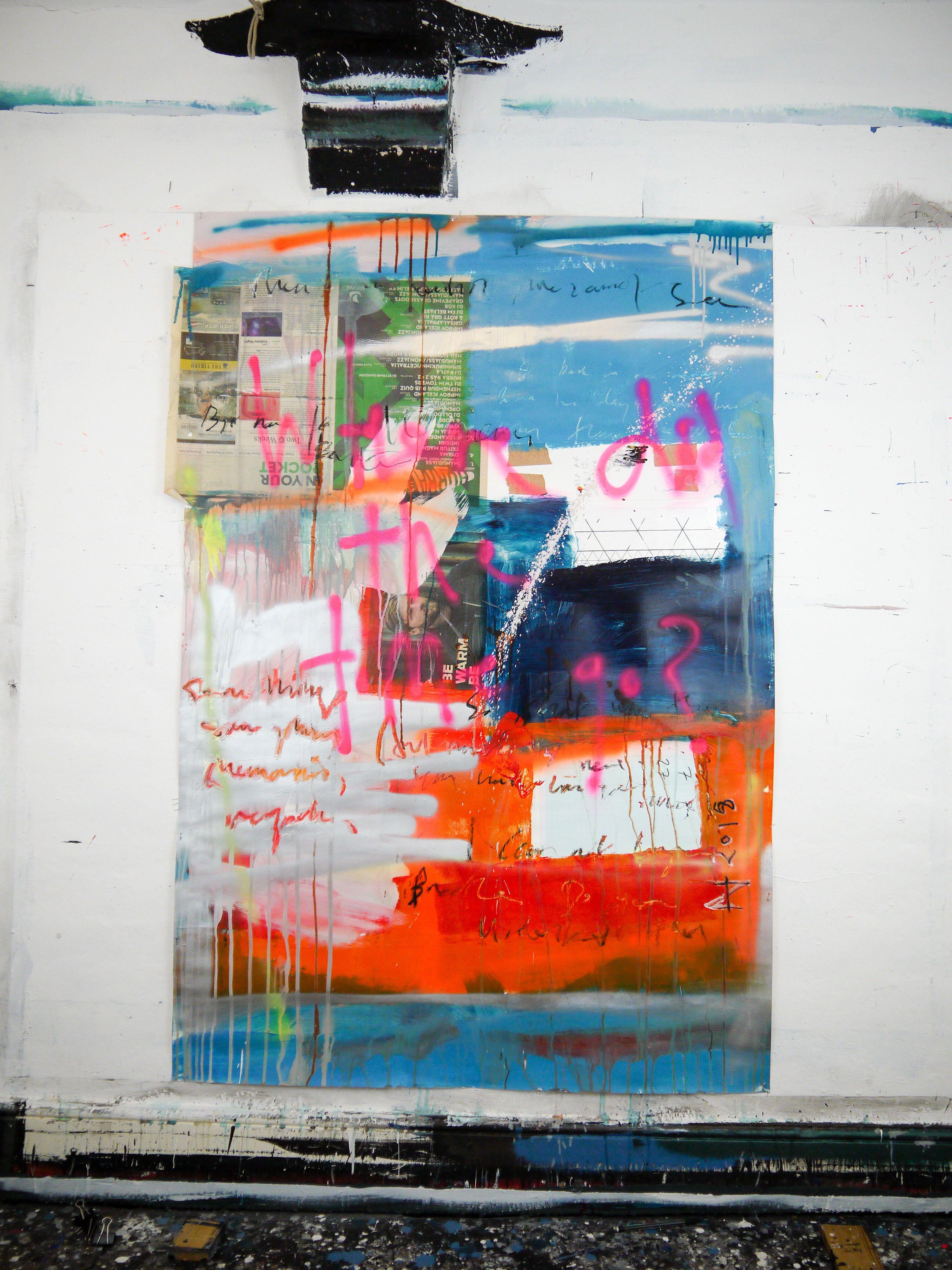 Where did the time go?  Mixed media and collage on heavy weight paper.  This painting has staple holes around the edges and bumps due to wet media, this is the character of the painting and it's not intended to be squashed down flat.  The painting