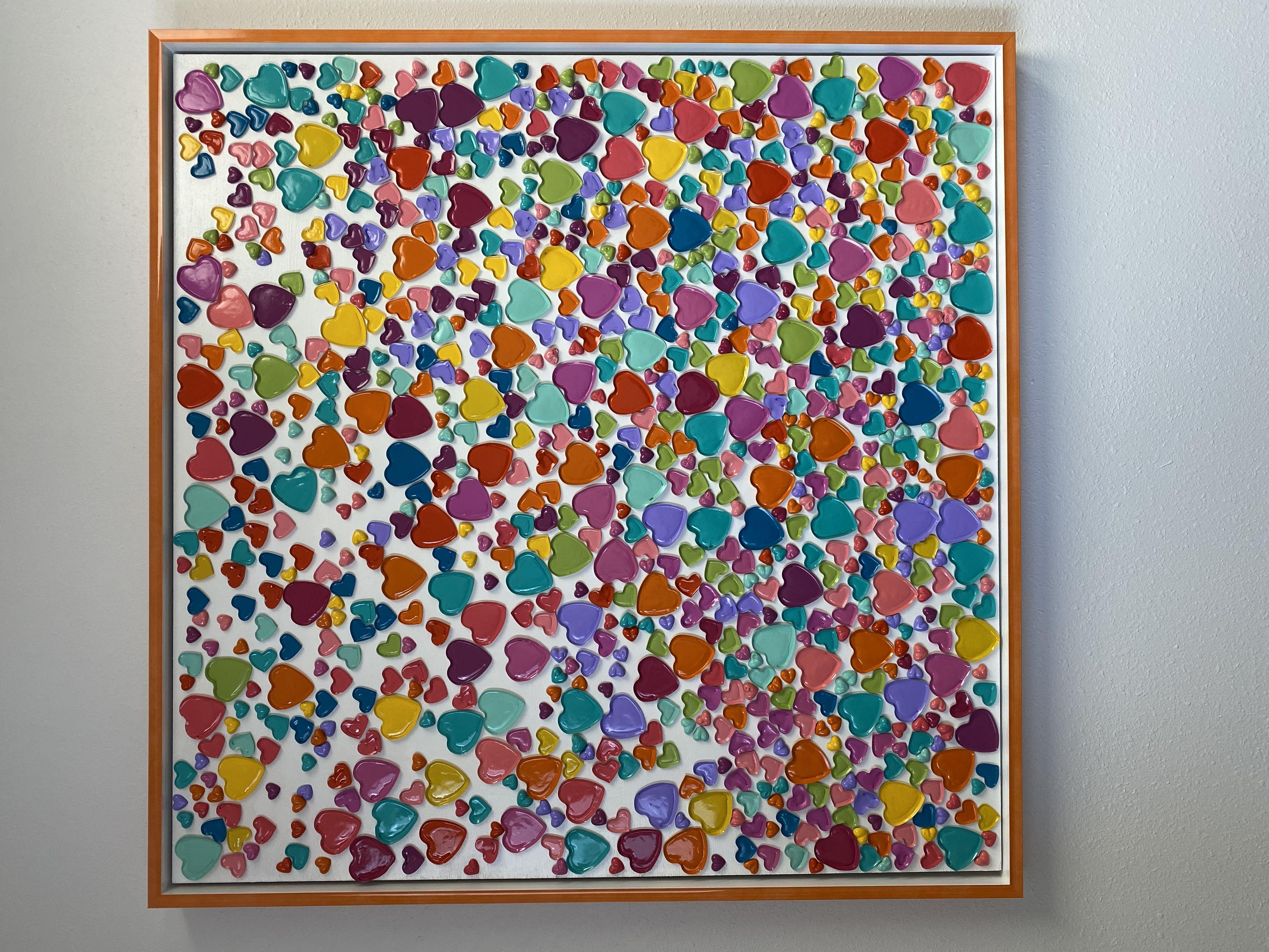 This mixed media piece is 48x48x.25 without the frame.  This piece is framed with an orange lacquer frame.  With frame the dimensions are 50x50x2 approx.  Weighs 45lbs.  These are handmade 3D hearts that are adhered to a gessoed and painted board. 