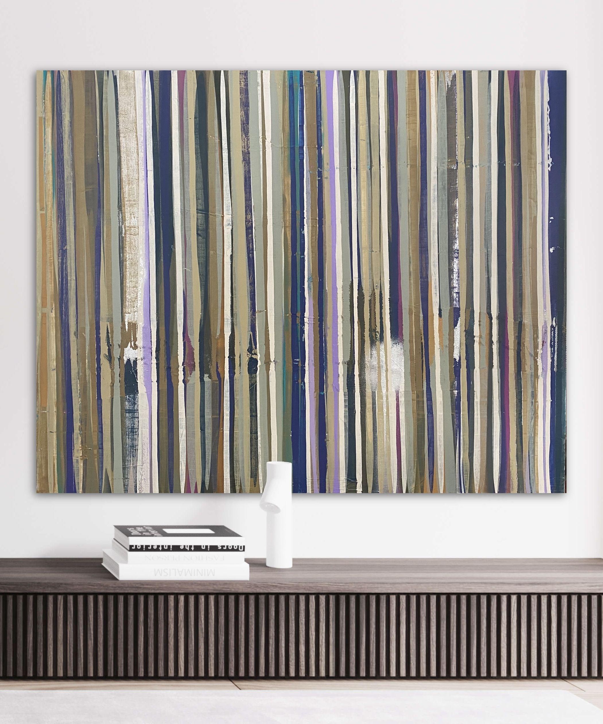 Questo dipinto a tecnica mista è composto da pittura per la casa, acrilico, vernice spray, pastello a olio e rete su tela avvolta in galleria.    I colori di punta che ho utilizzato sono tutti Sherwin Williams: Dignified (l'equivalente di Very Peri