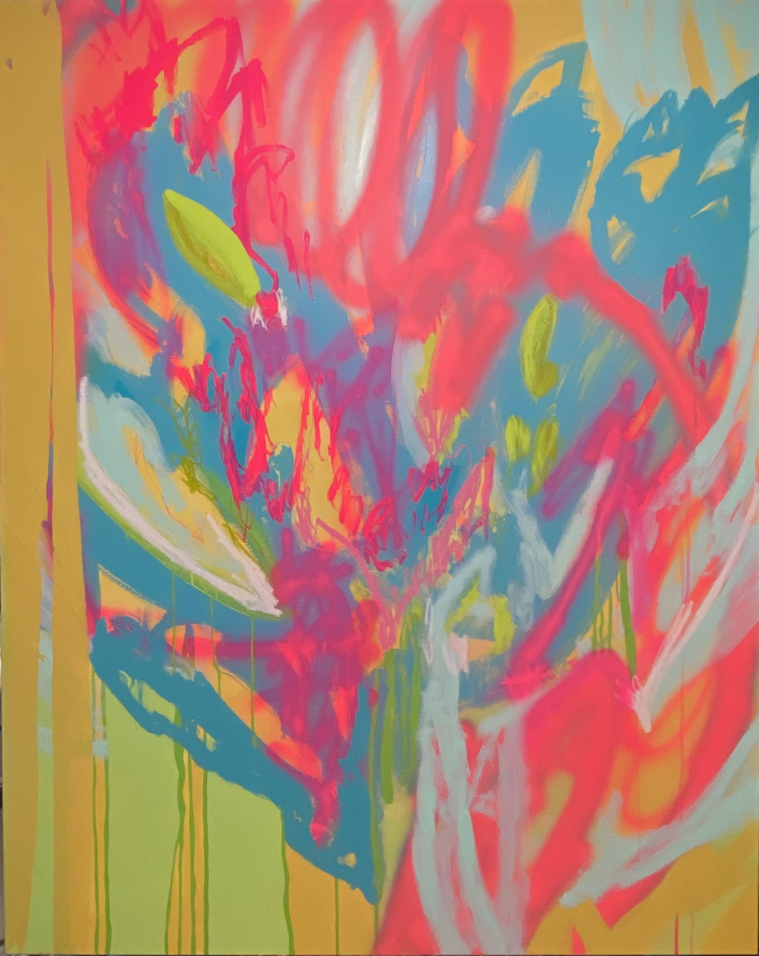 This piece was created using Flashe, Gouache, R&F Pigment, Marker, Spray Paint and Household. It is bright and vibrant and is my version of a floral piece. The sides are painted a solid color and it comes varnished, wired and ready to hang!    The