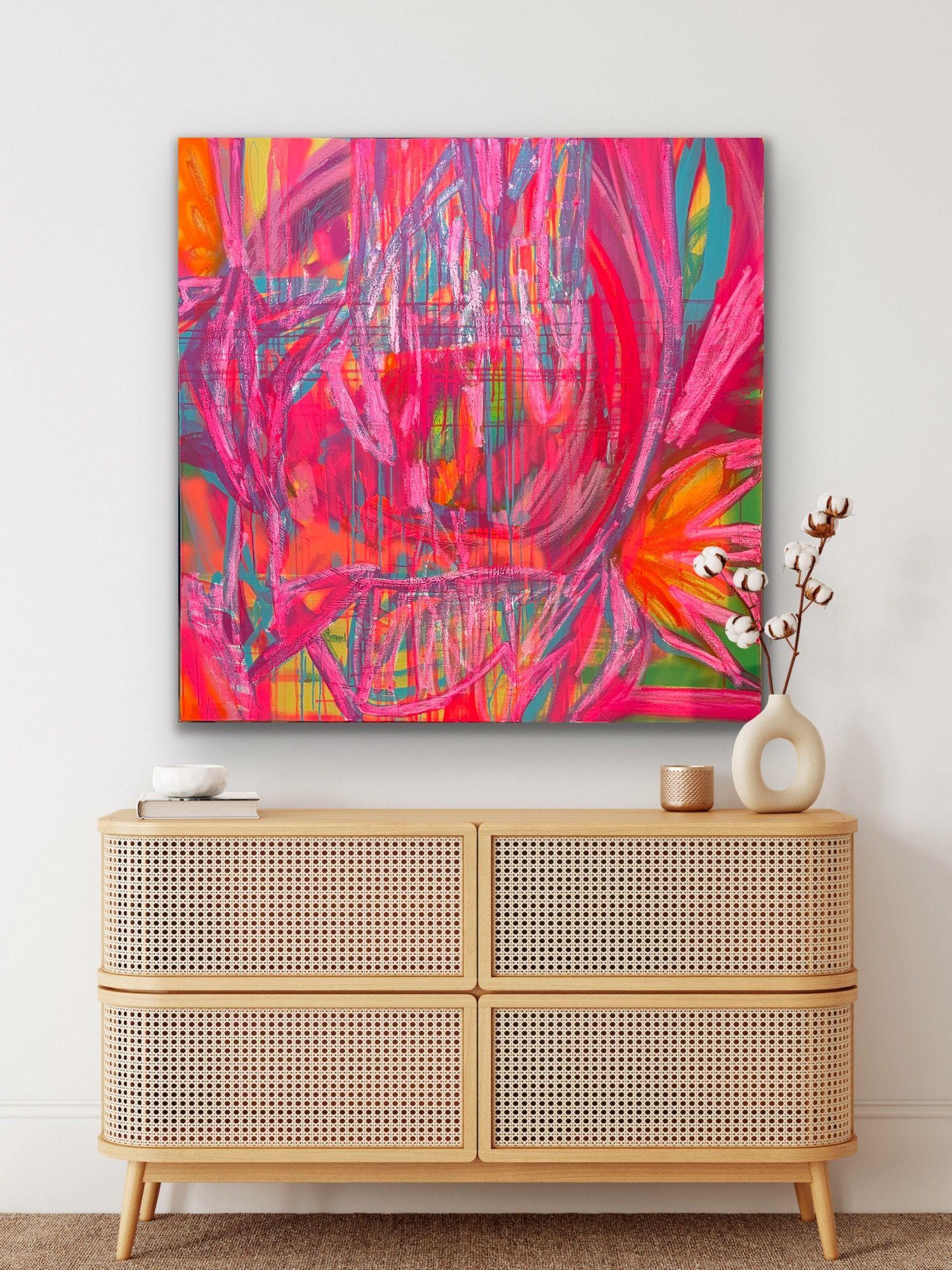 Into The Fire, Gemälde, Acryl auf Leinwand (Pink), Abstract Painting, von Niki Stearman