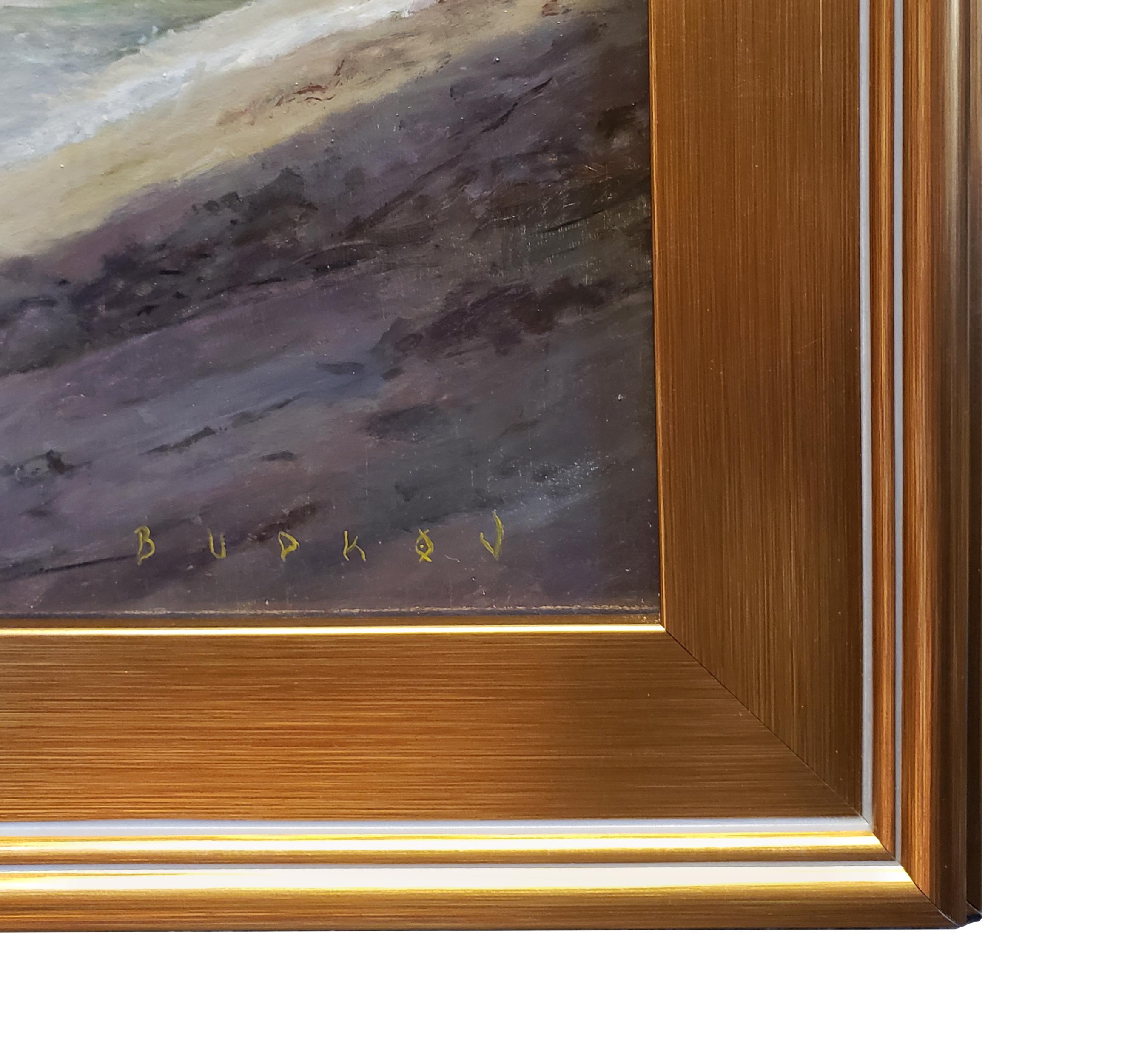 Dans la lumière ; LA River, Atwater Village - Marron Landscape Painting par Nikita Budkov