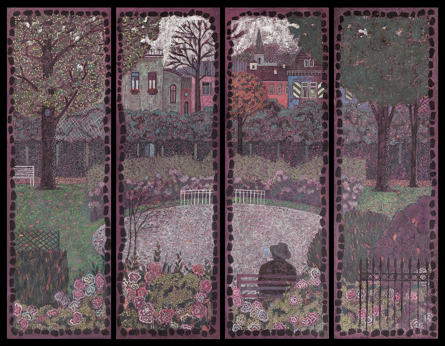 "Jardins de Mirabell. Peinture polyptyque Salzbourg 61" x 79" pouces par Nikita Makarov