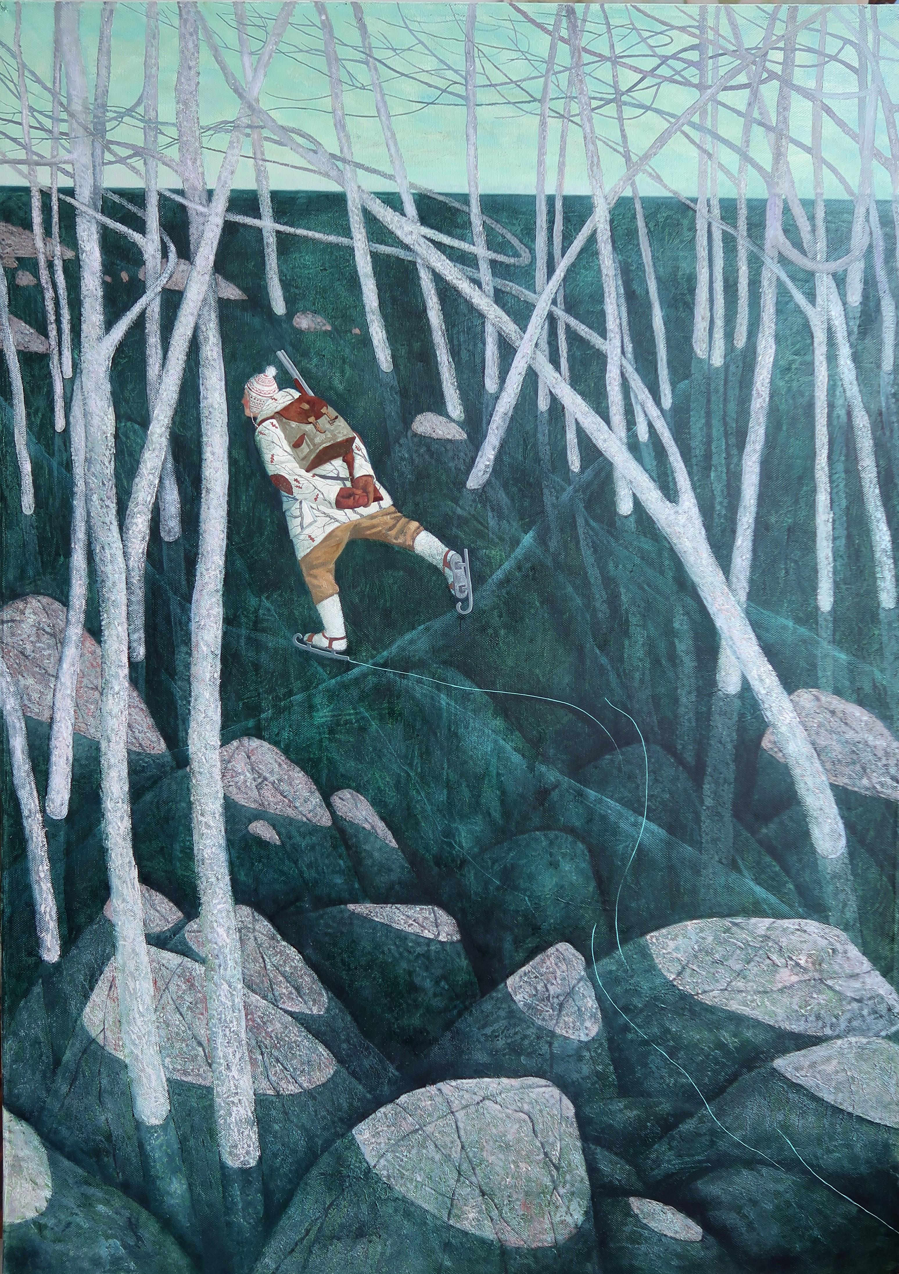 Landscape Painting Nikita Mogilevtsev - Patinage sur glace - Paysage d'hiver contemporain du 21e siècle avec patin à glace
